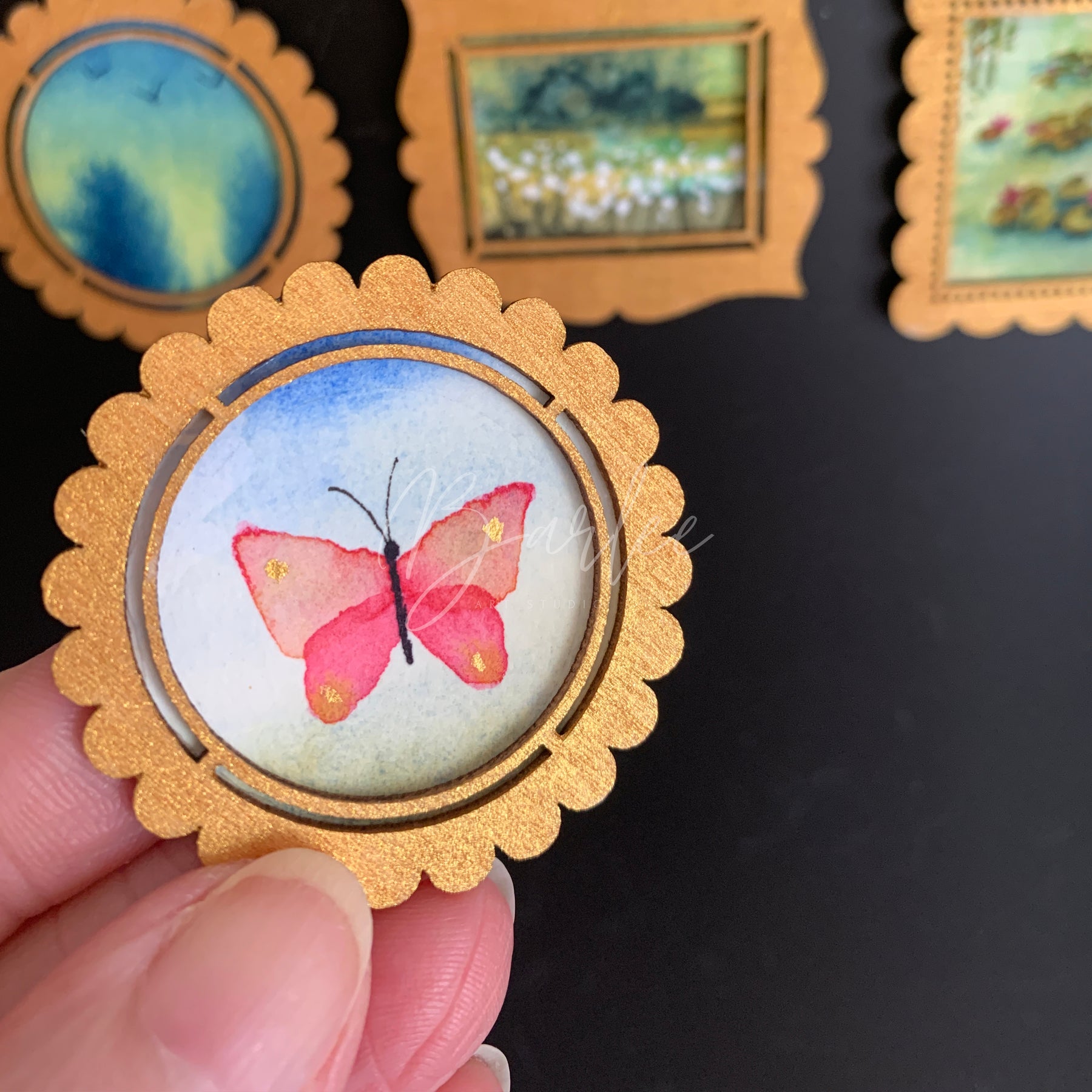 Hand Painted Fridge Magnet Set - 3 Framed Mini Paintings