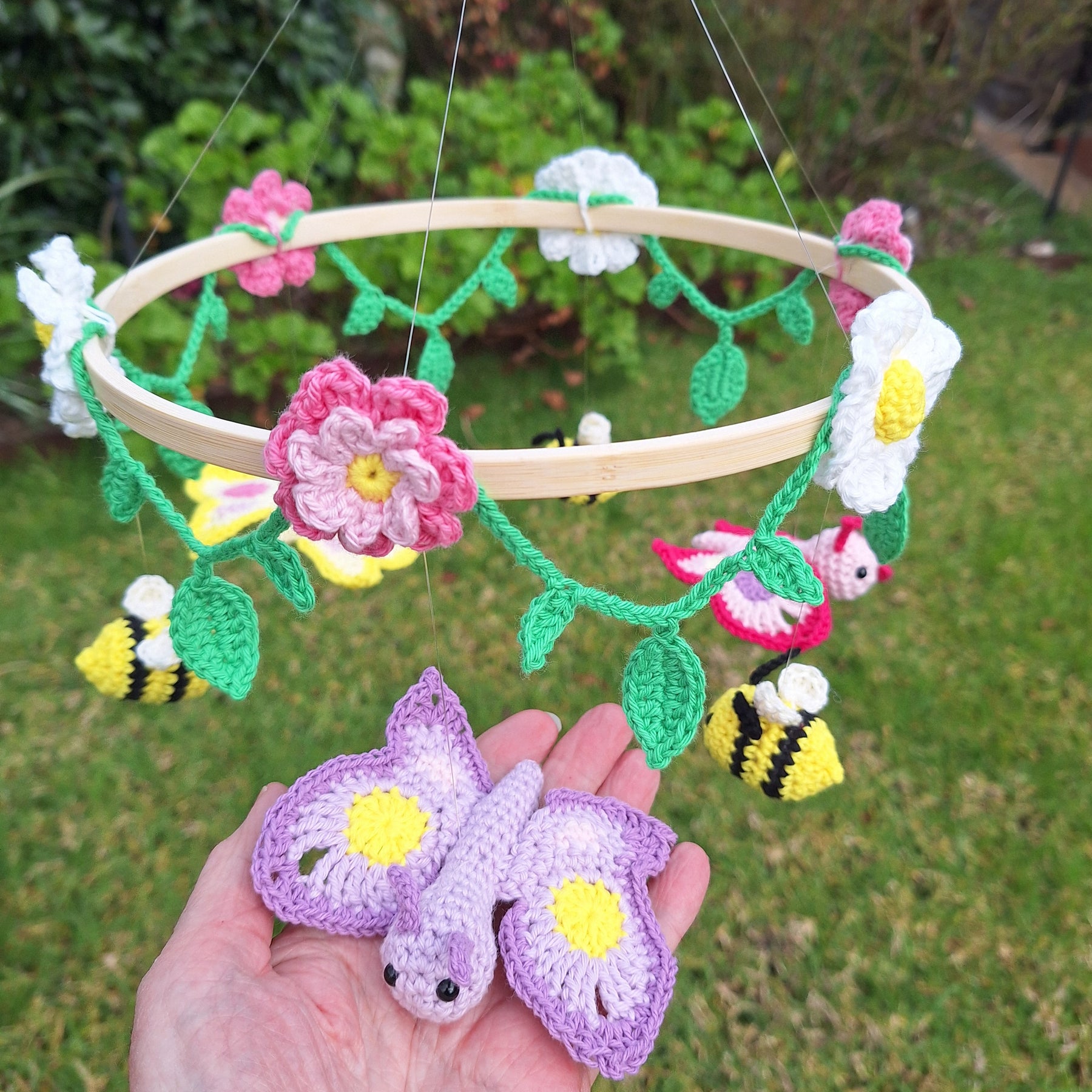 Crocheted Butterfly and Bee Springtime mobile