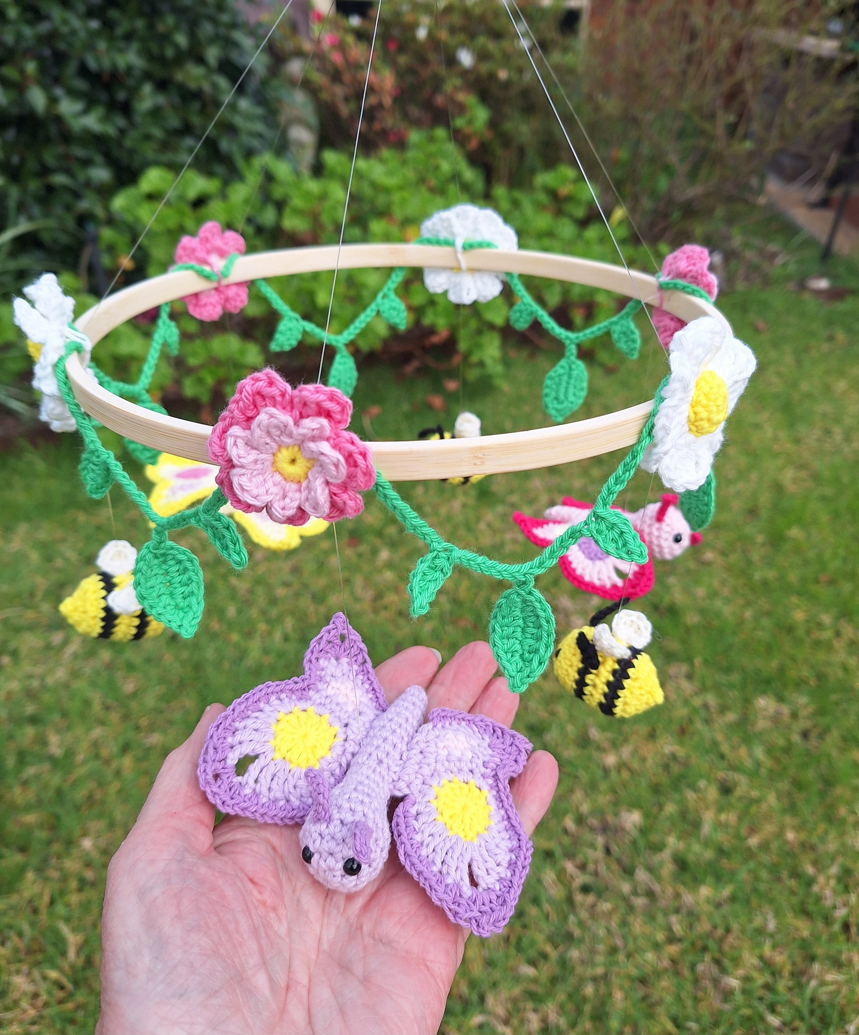 Crocheted Butterfly and Bee Springtime mobile