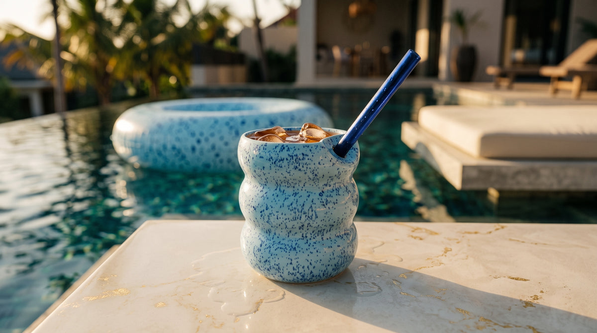 Handcrafted Porcelain Tumbler with Silicon Straw, 600mL Bubble Cup in Blue Mist Glaze
