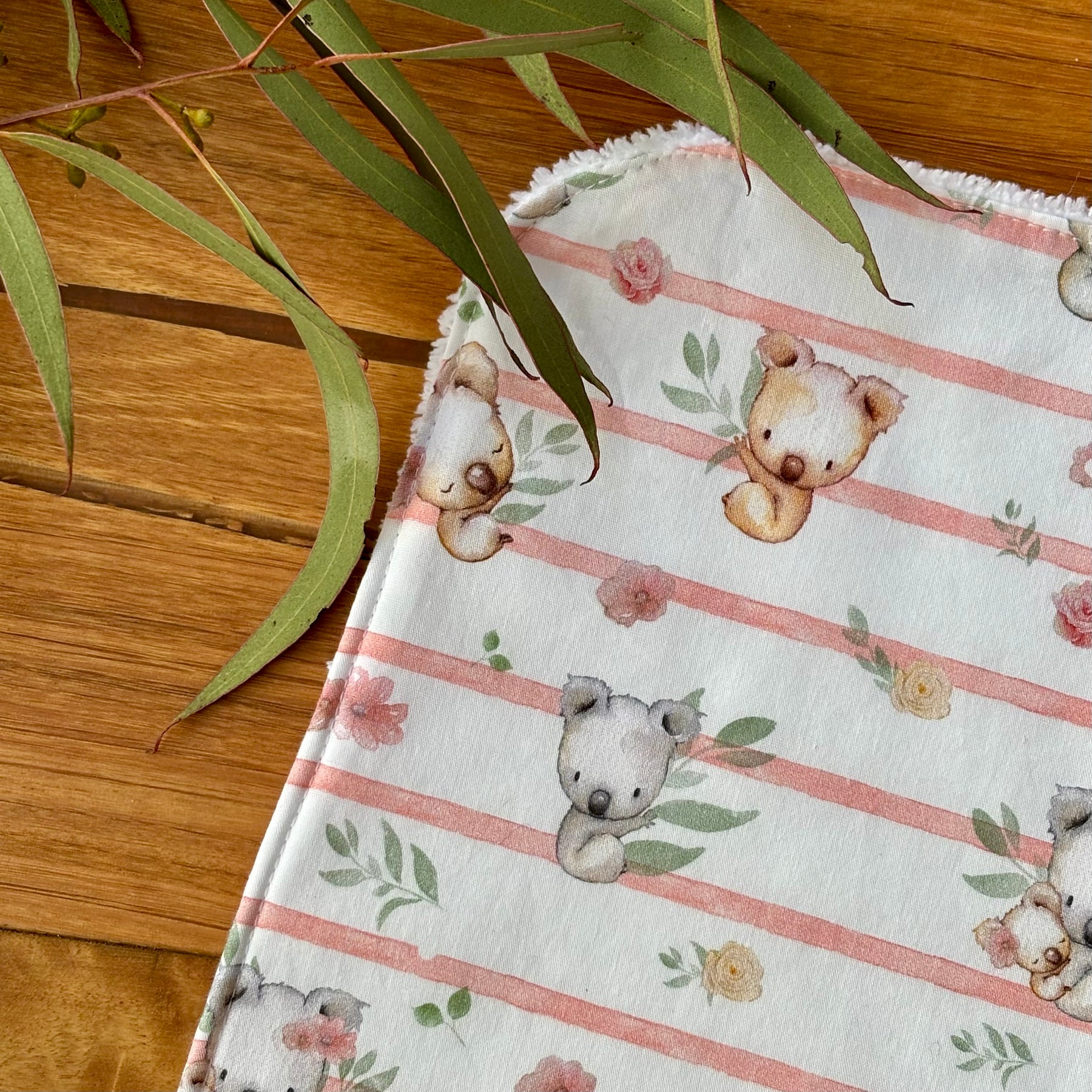 Baby Bib and Burp Cloth Set | Pink Koala Stripe | Made to Order