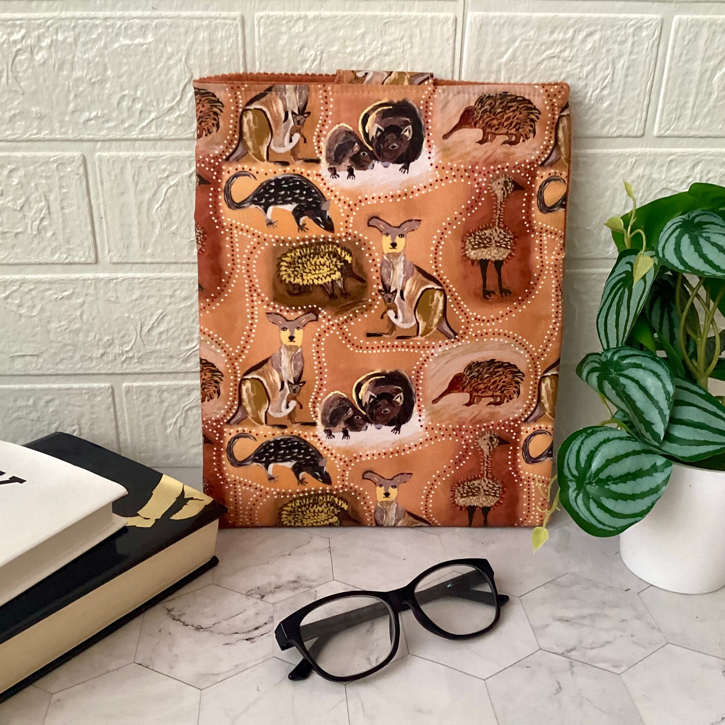 Indigenous Animals fabric book sleeve with 2 pockets. iPad, tablet pouch
