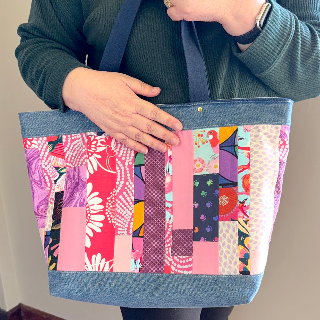 Large Patchwork Tote Bag | Pink, Purple & Upcycled Denim | Handmade