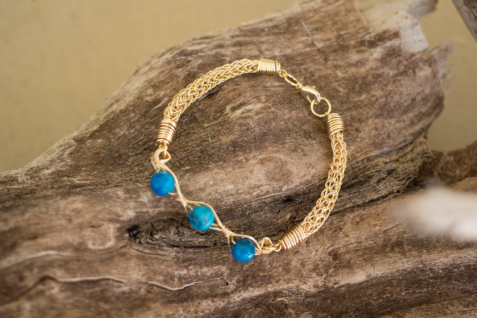 Gold Wire Knitted Bracelet With Blue Jasper Stone