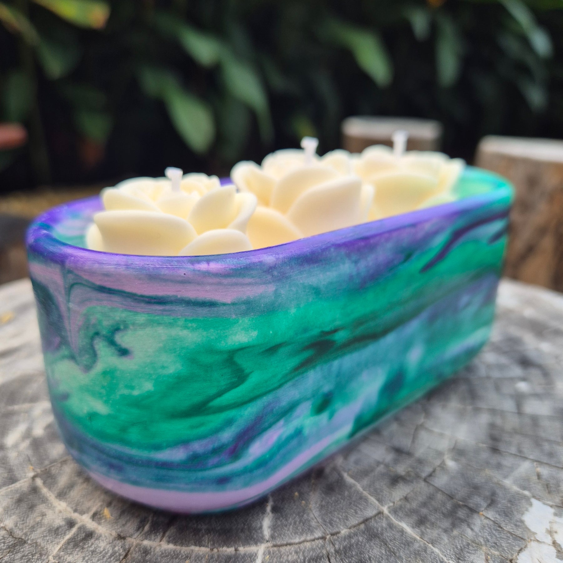 Green and purple concrete bowl candle with gardenia and roses