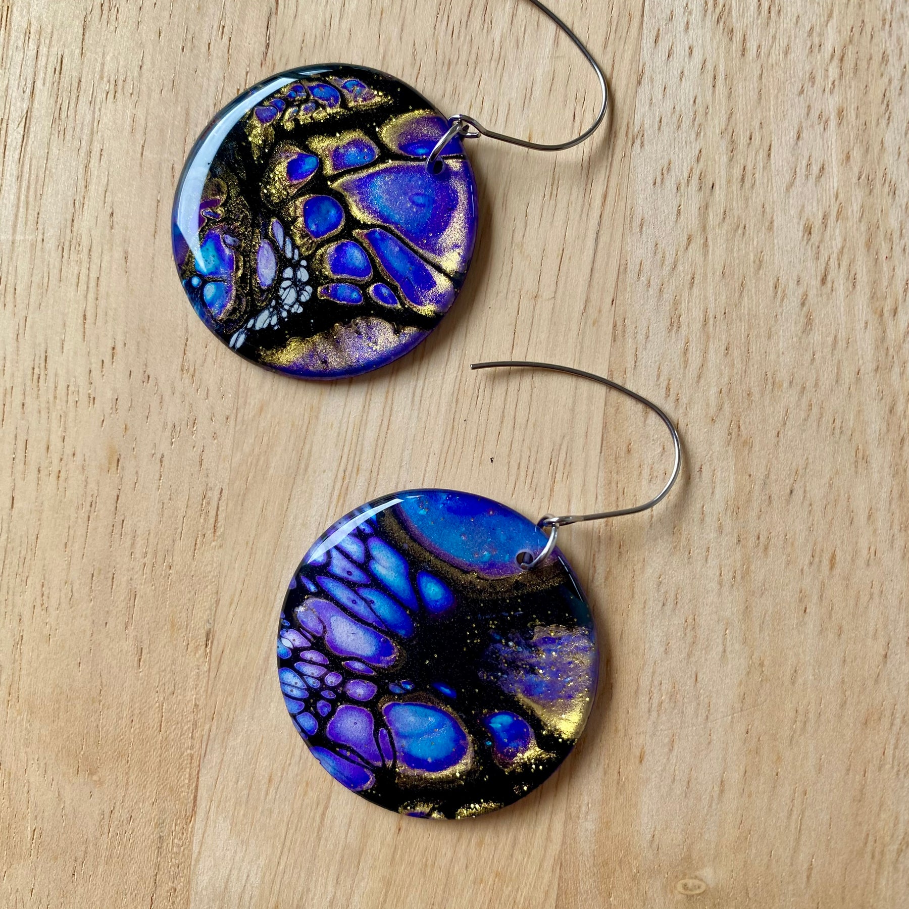 Blue Purple Gold Dangle Earrings