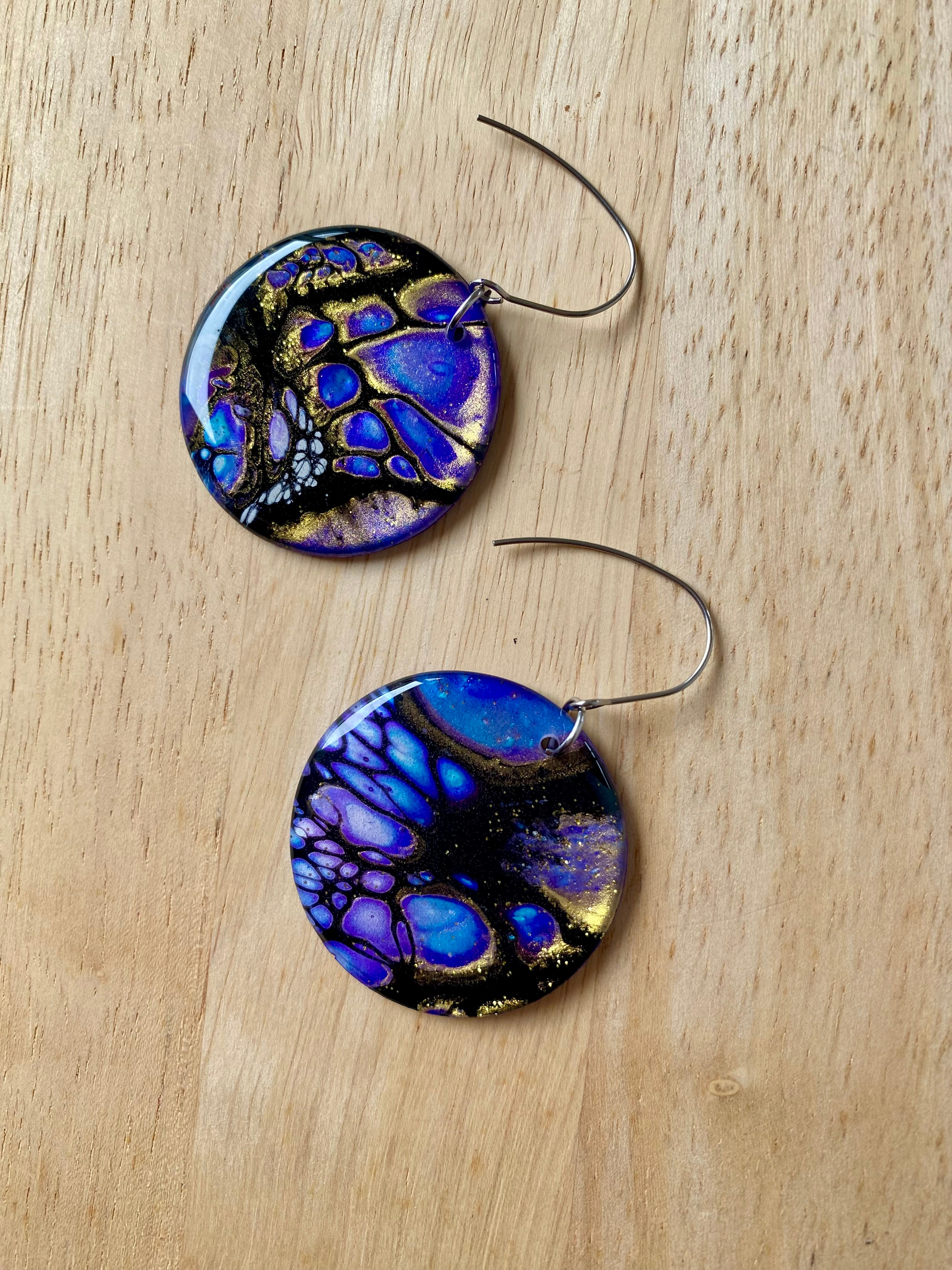 Blue Purple Gold Dangle Earrings