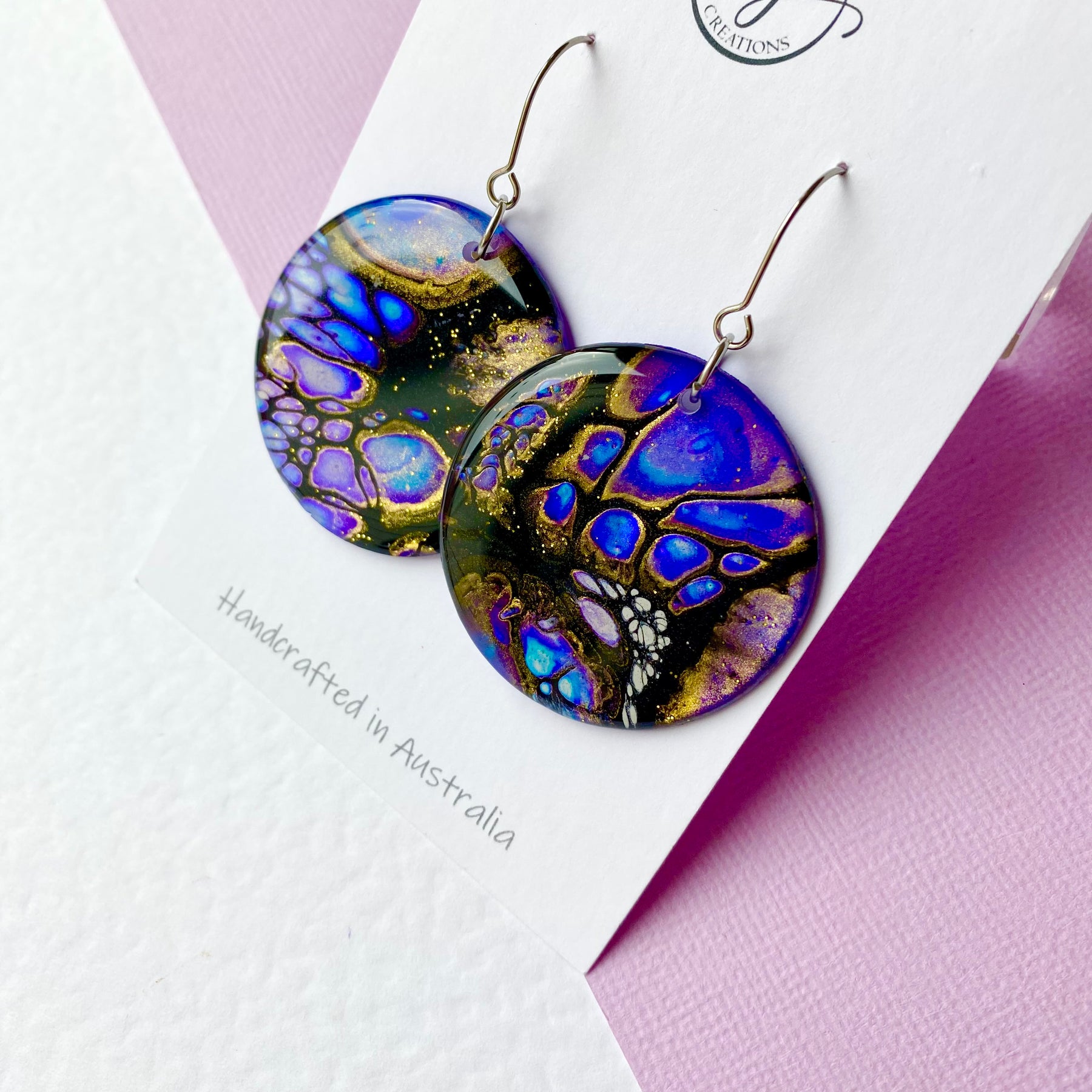 Blue Purple Gold Dangle Earrings