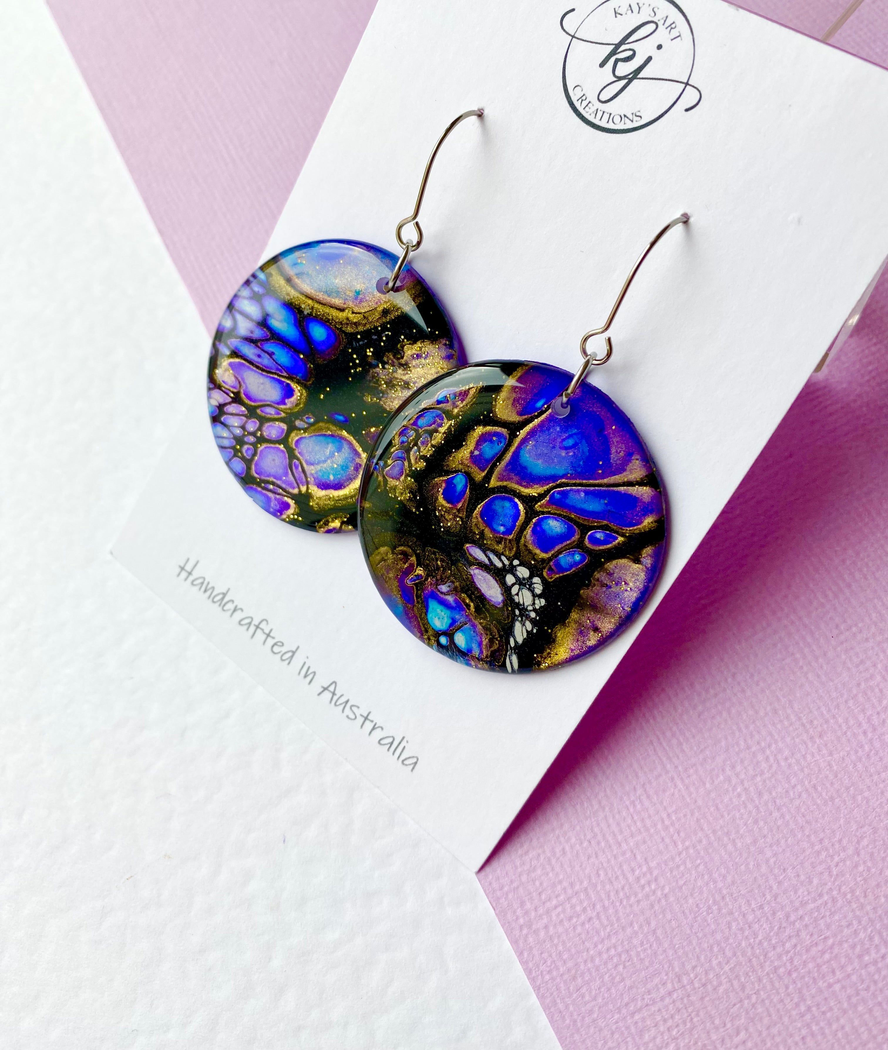 Blue Purple Gold Dangle Earrings