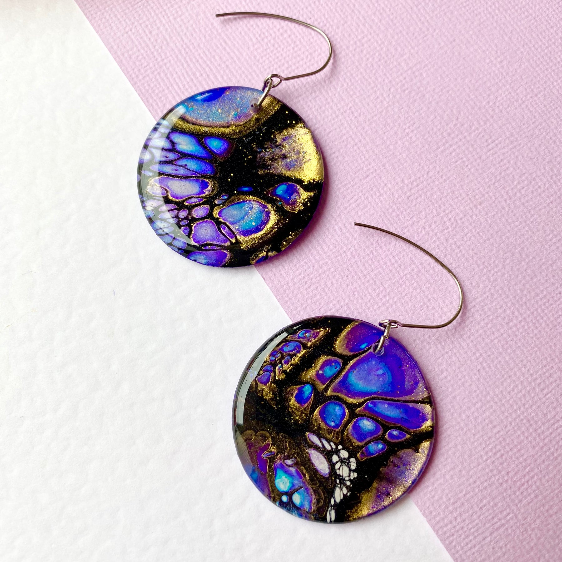 Blue Purple Gold Dangle Earrings