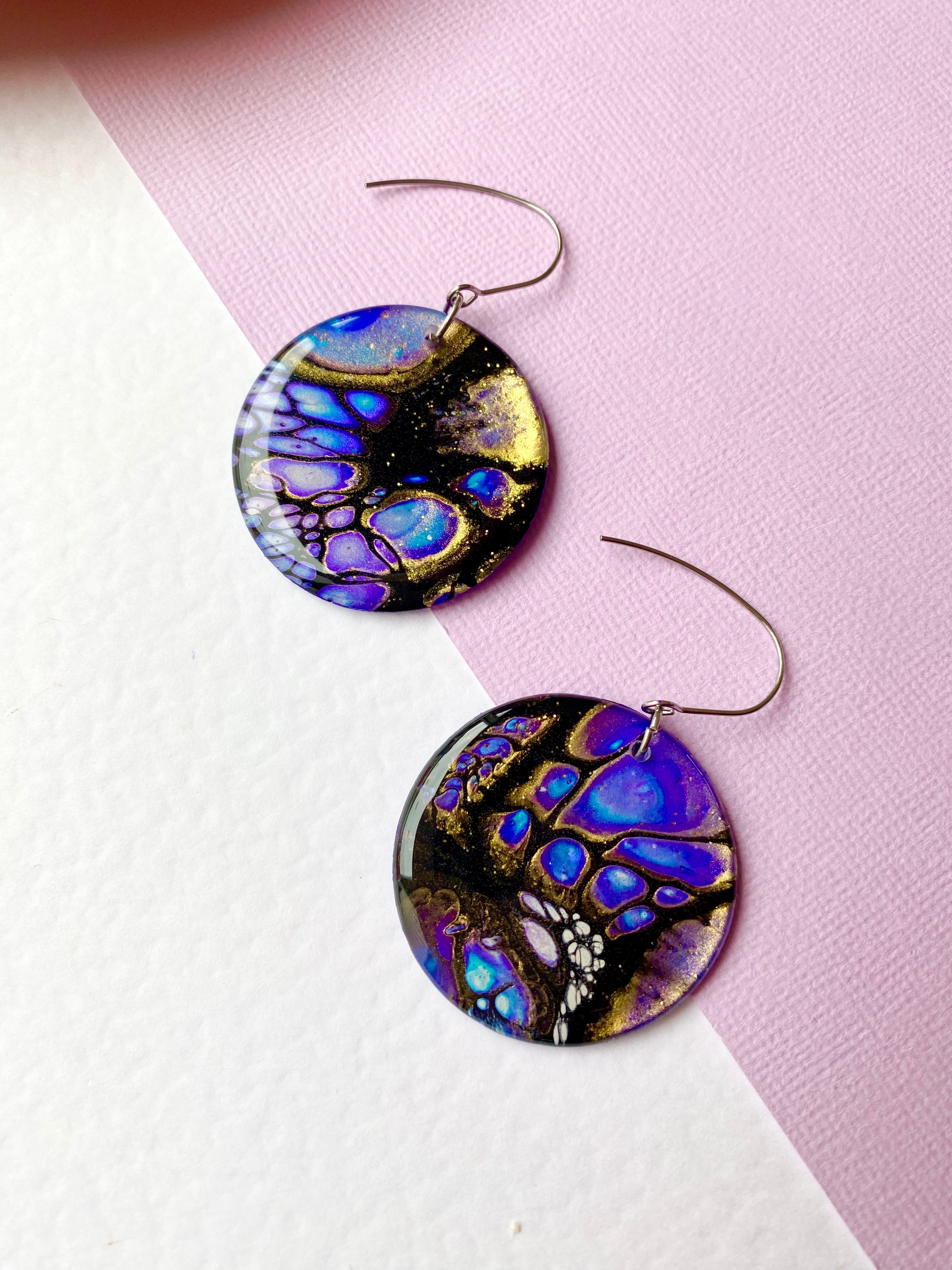 Blue Purple Gold Dangle Earrings