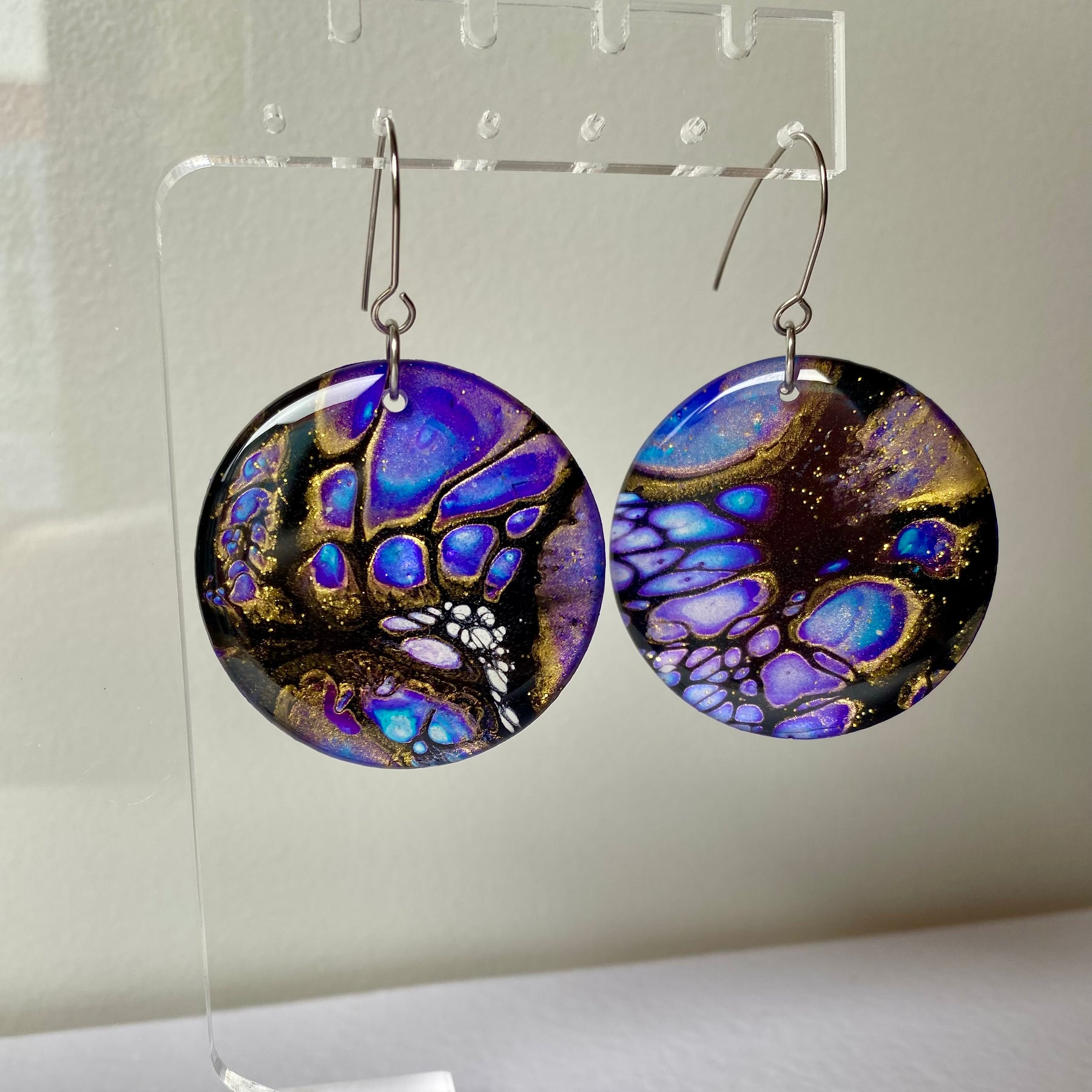 Blue Purple Gold Dangle Earrings