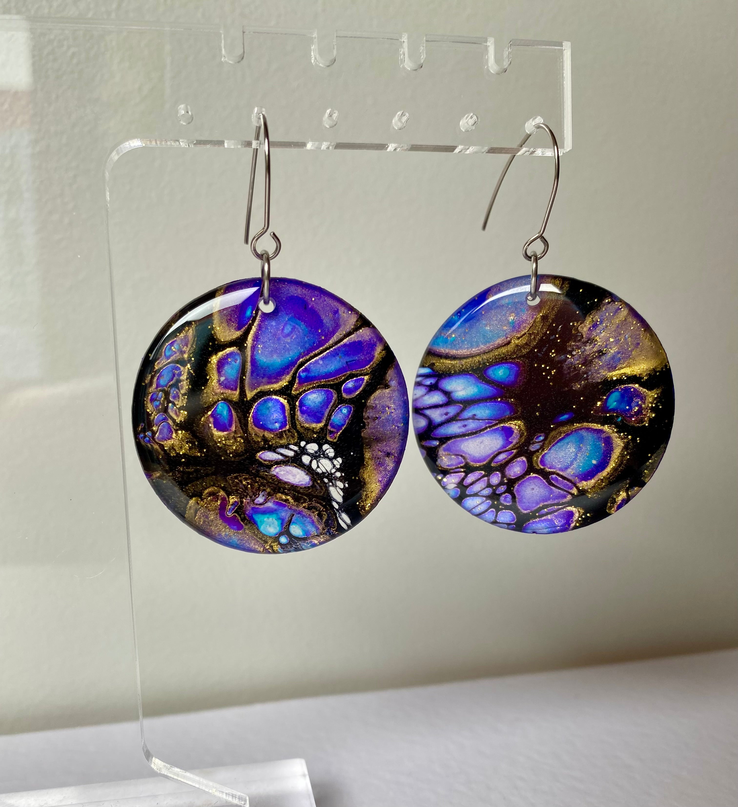 Blue Purple Gold Dangle Earrings