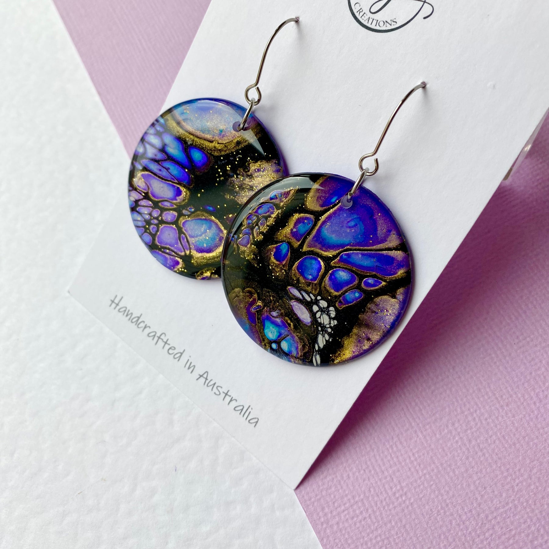Blue Purple Gold Dangle Earrings