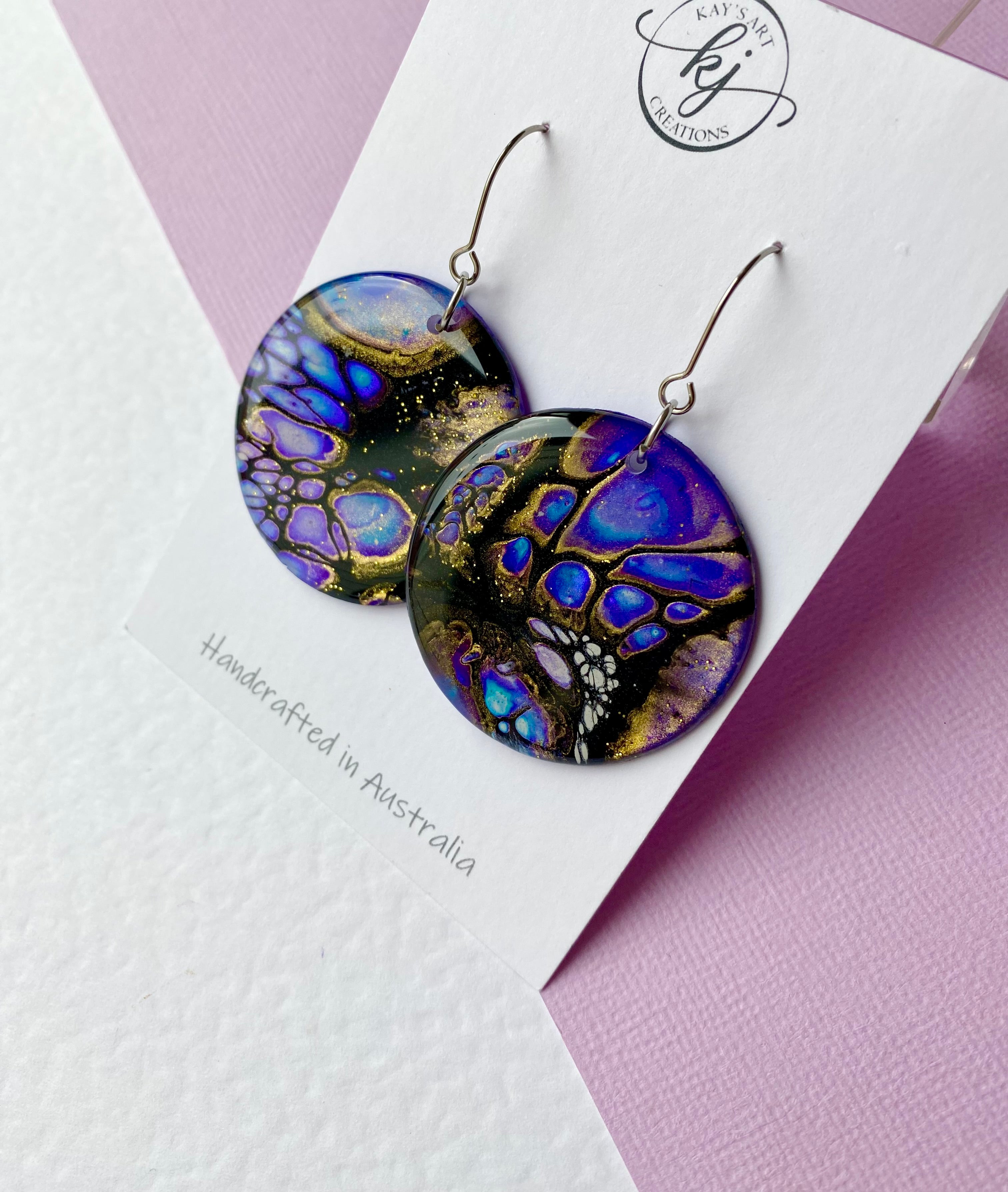 Blue Purple Gold Dangle Earrings