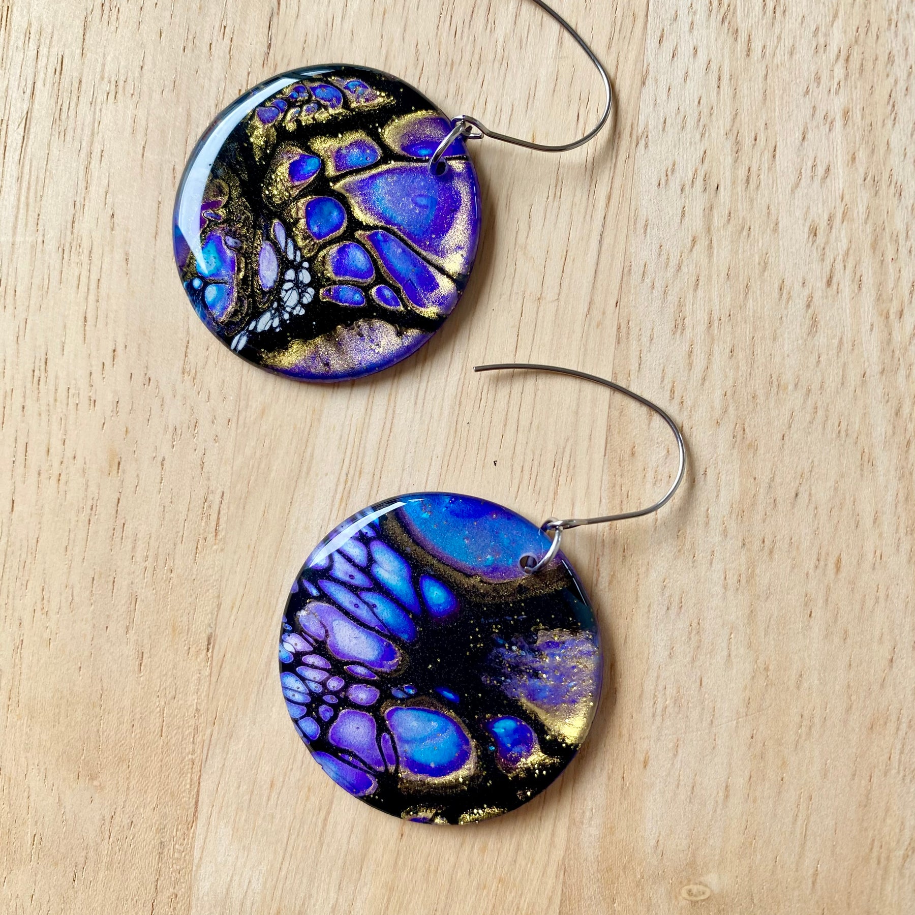 Blue Purple Gold Dangle Earrings