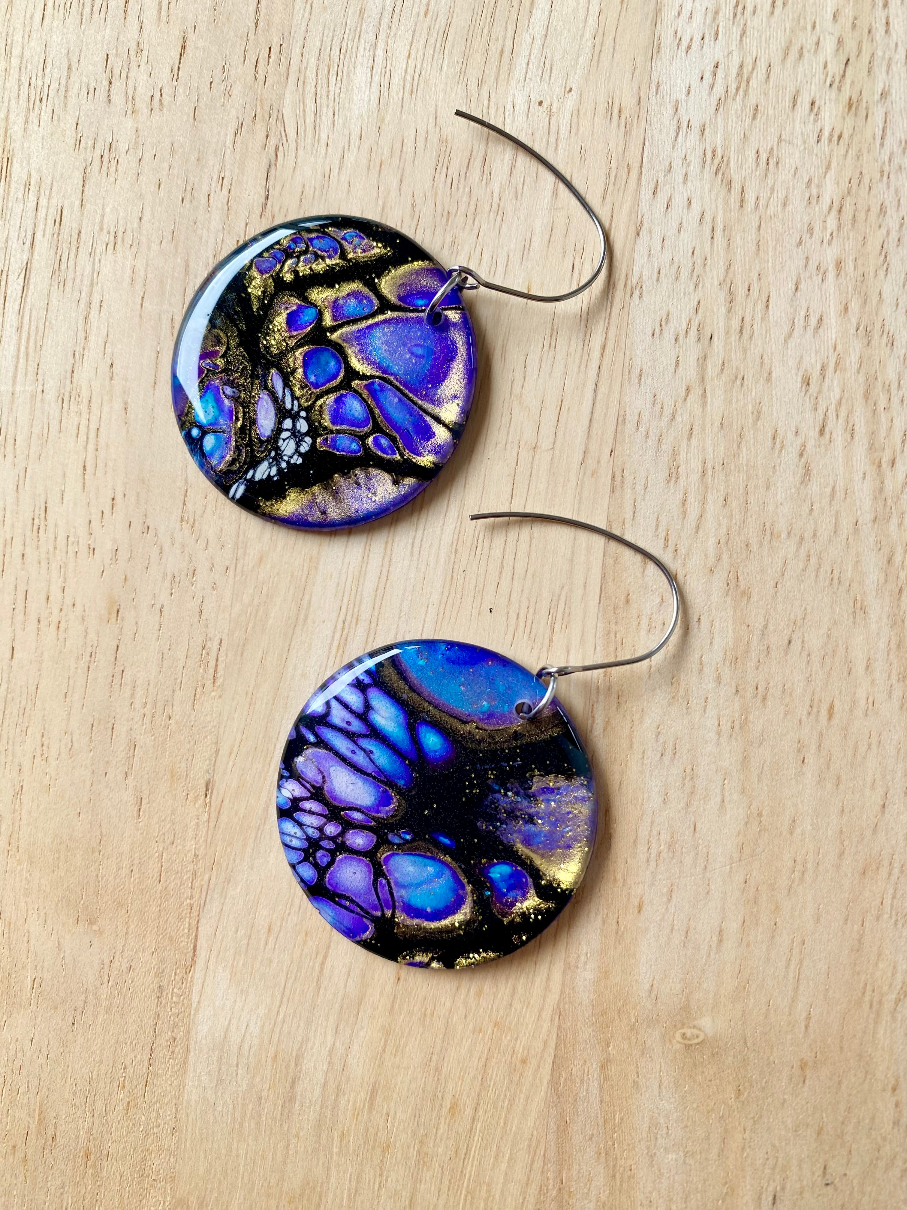 Blue Purple Gold Dangle Earrings