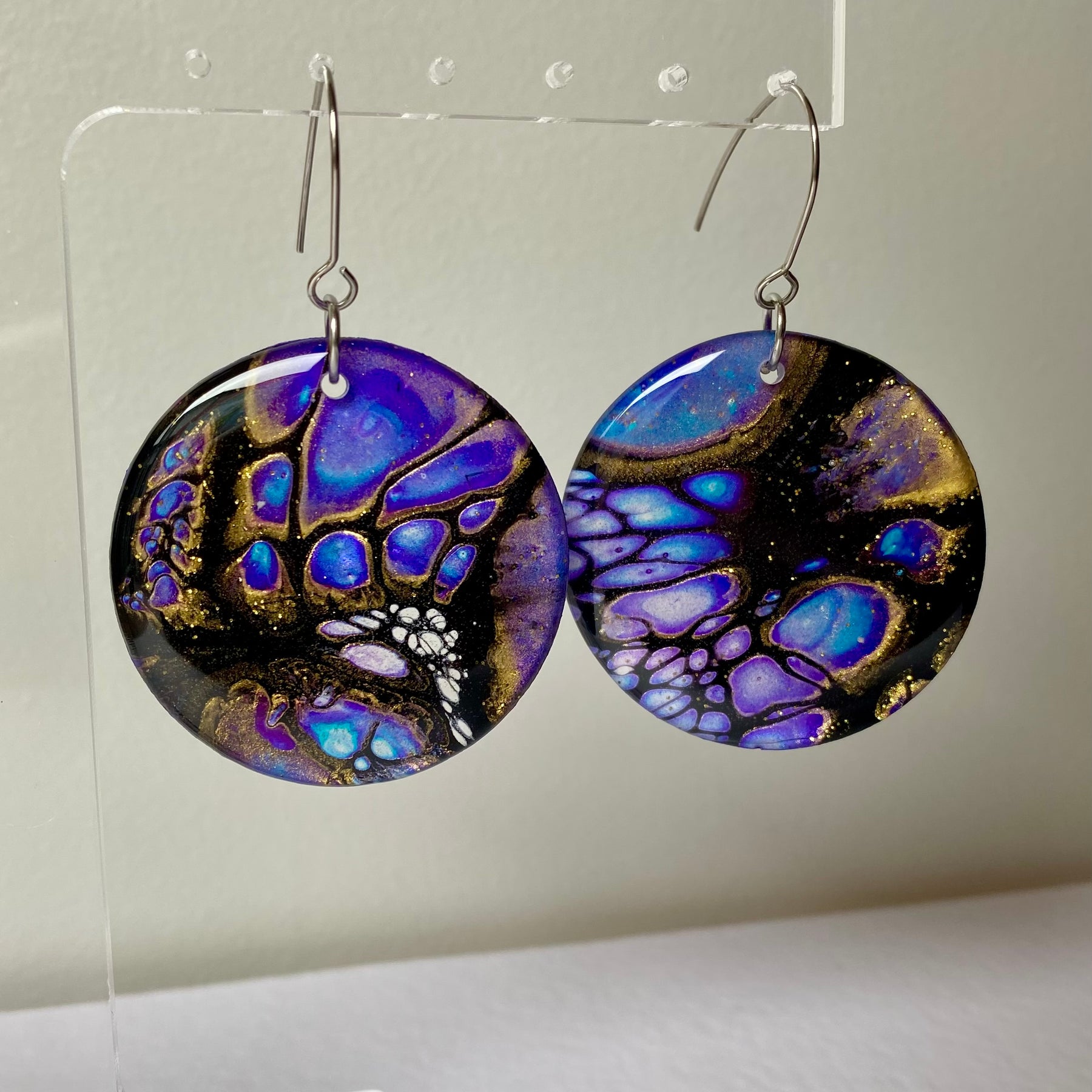 Blue Purple Gold Dangle Earrings