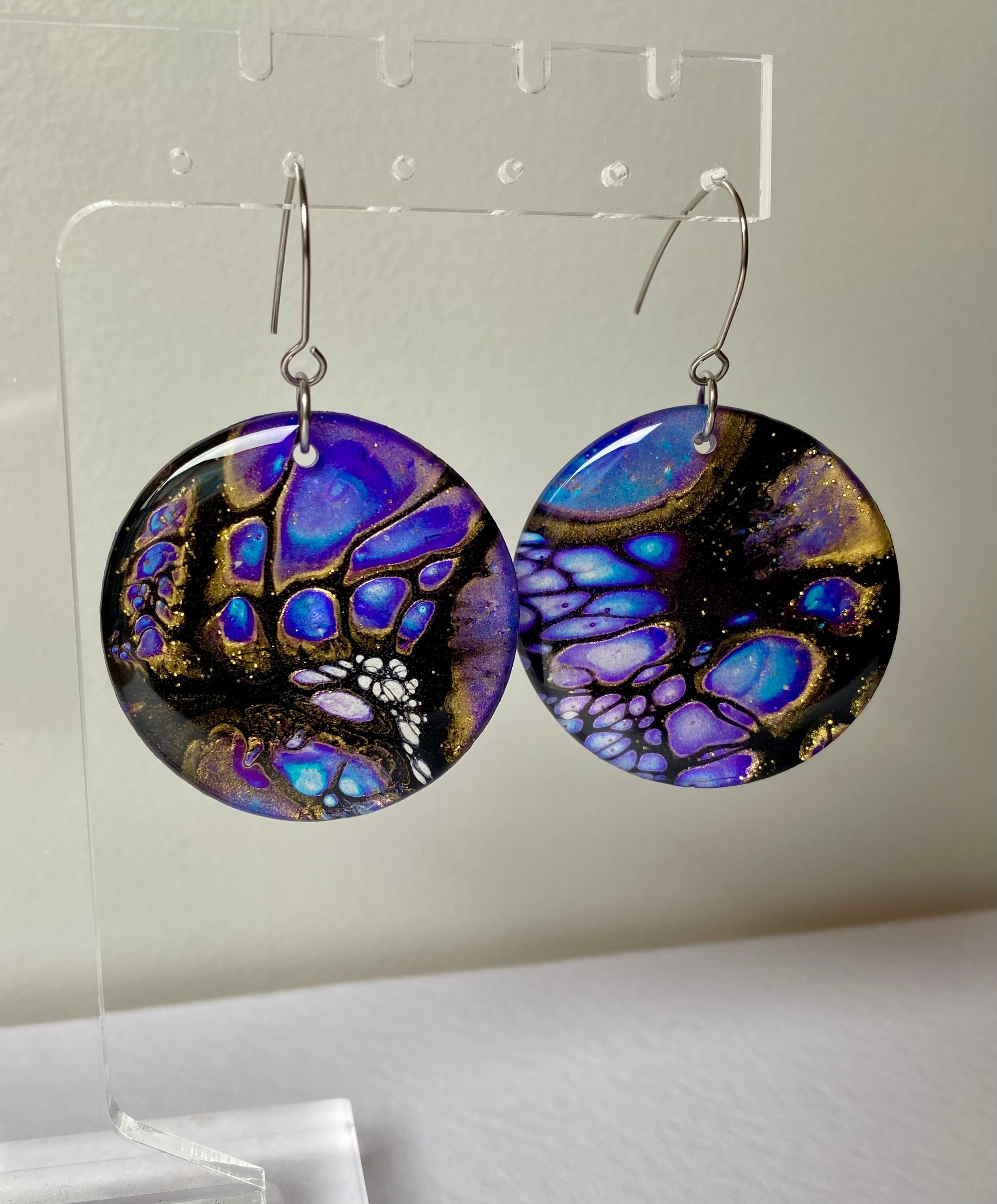 Blue Purple Gold Dangle Earrings