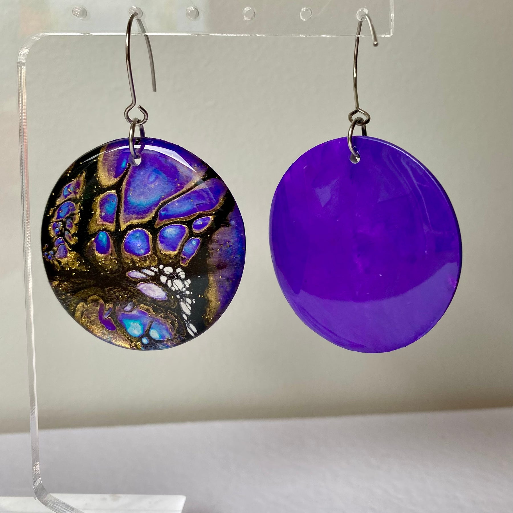 Blue Purple Gold Dangle Earrings
