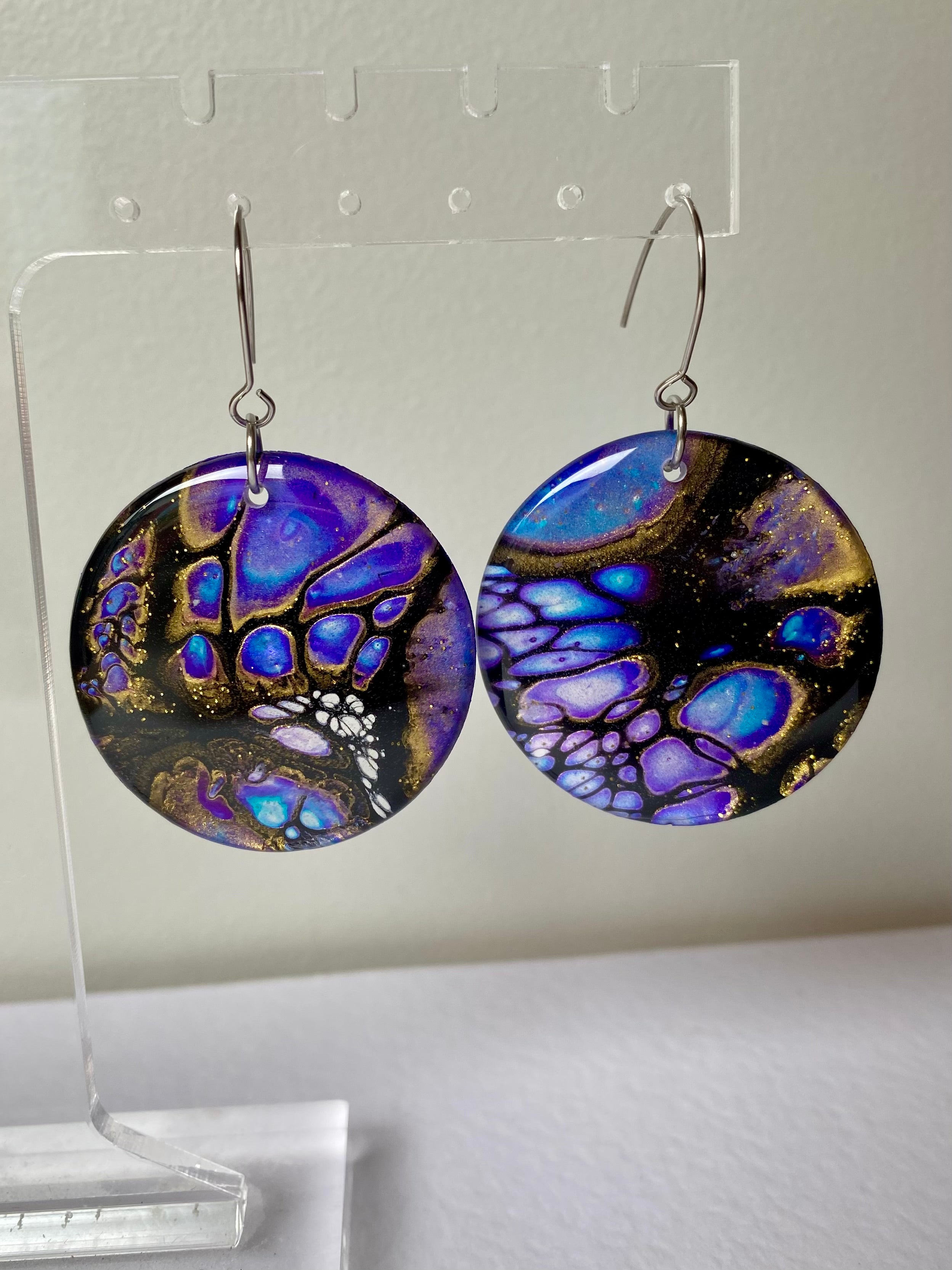 Blue Purple Gold Dangle Earrings