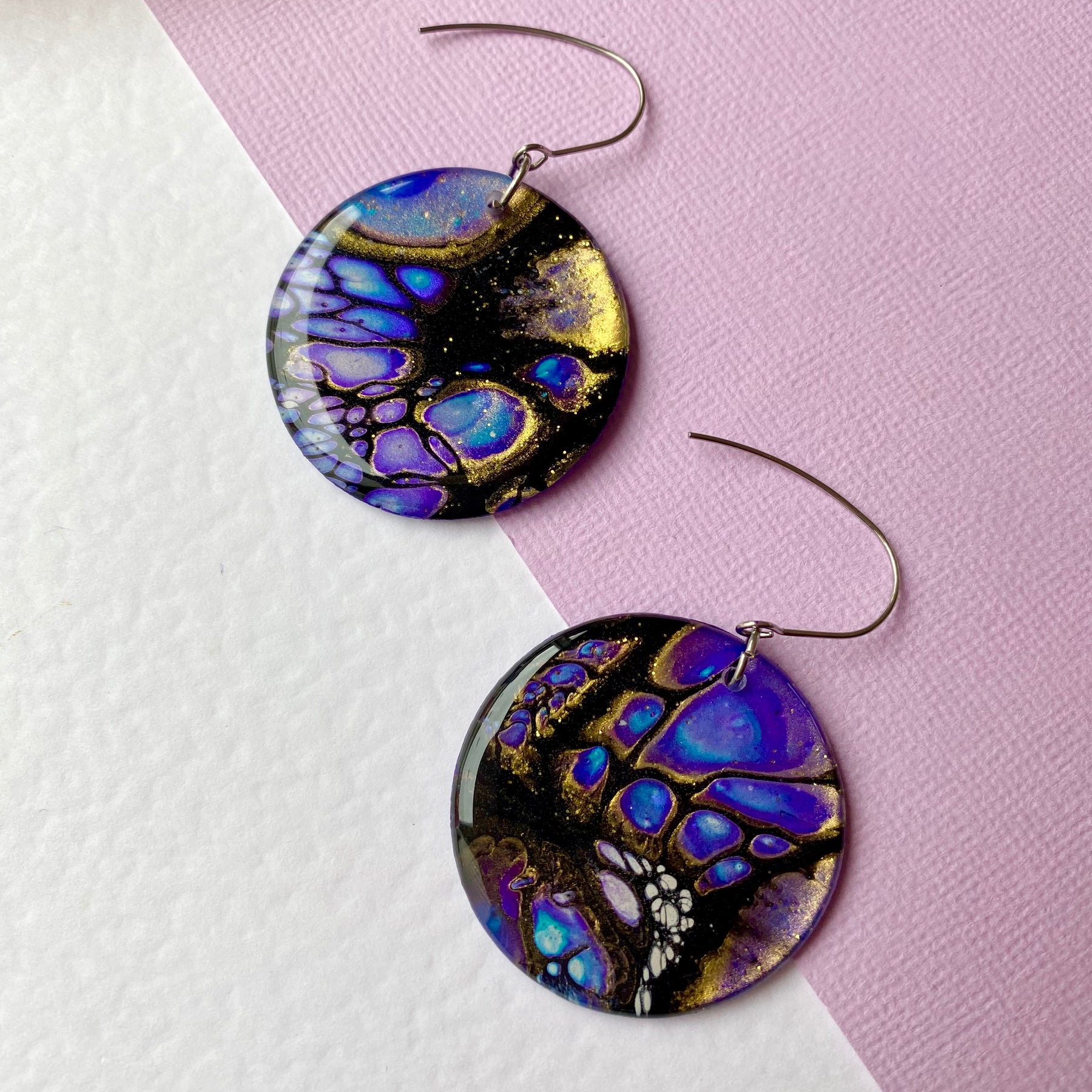 Blue Purple Gold Dangle Earrings