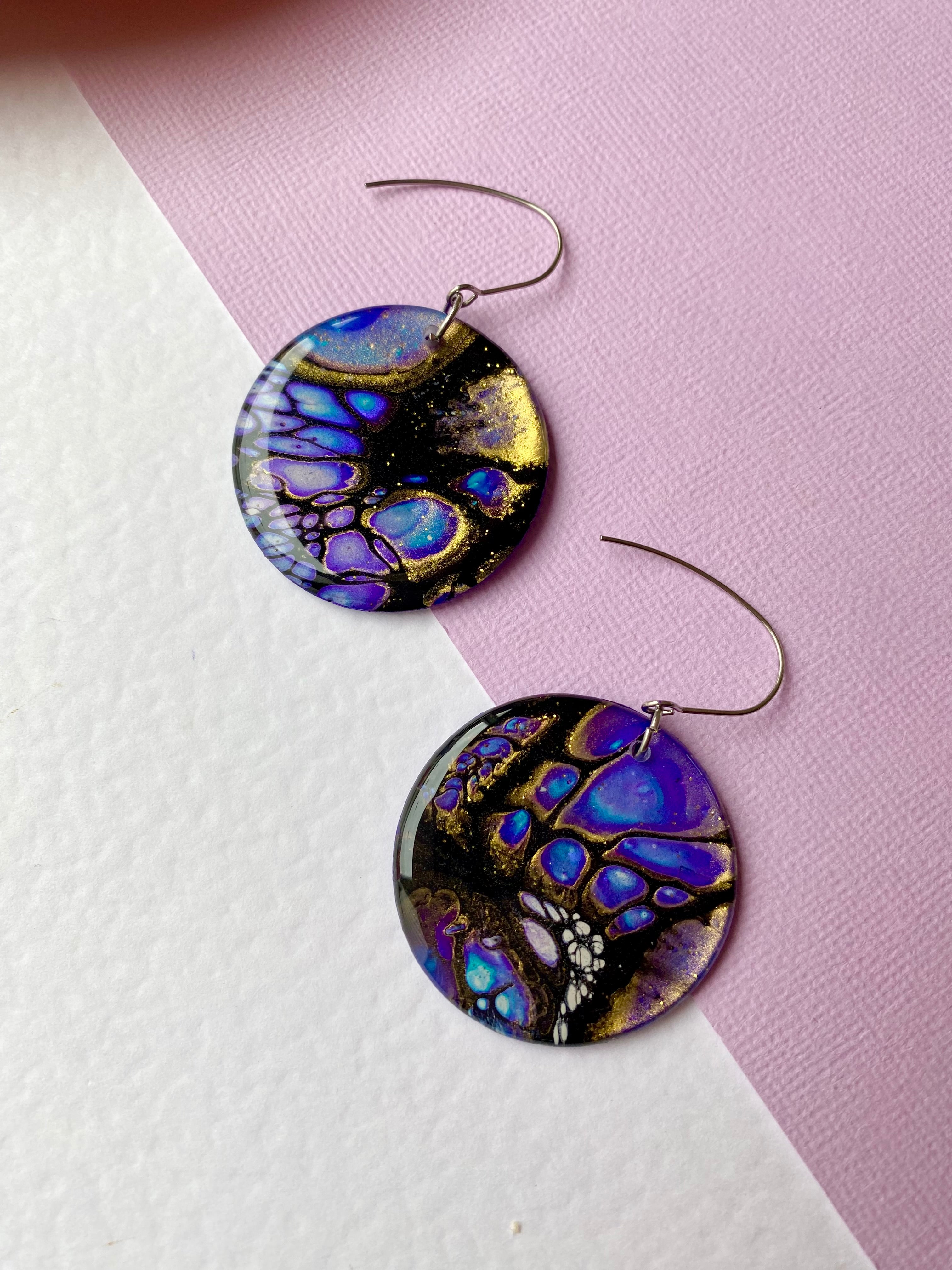 Blue Purple Gold Dangle Earrings