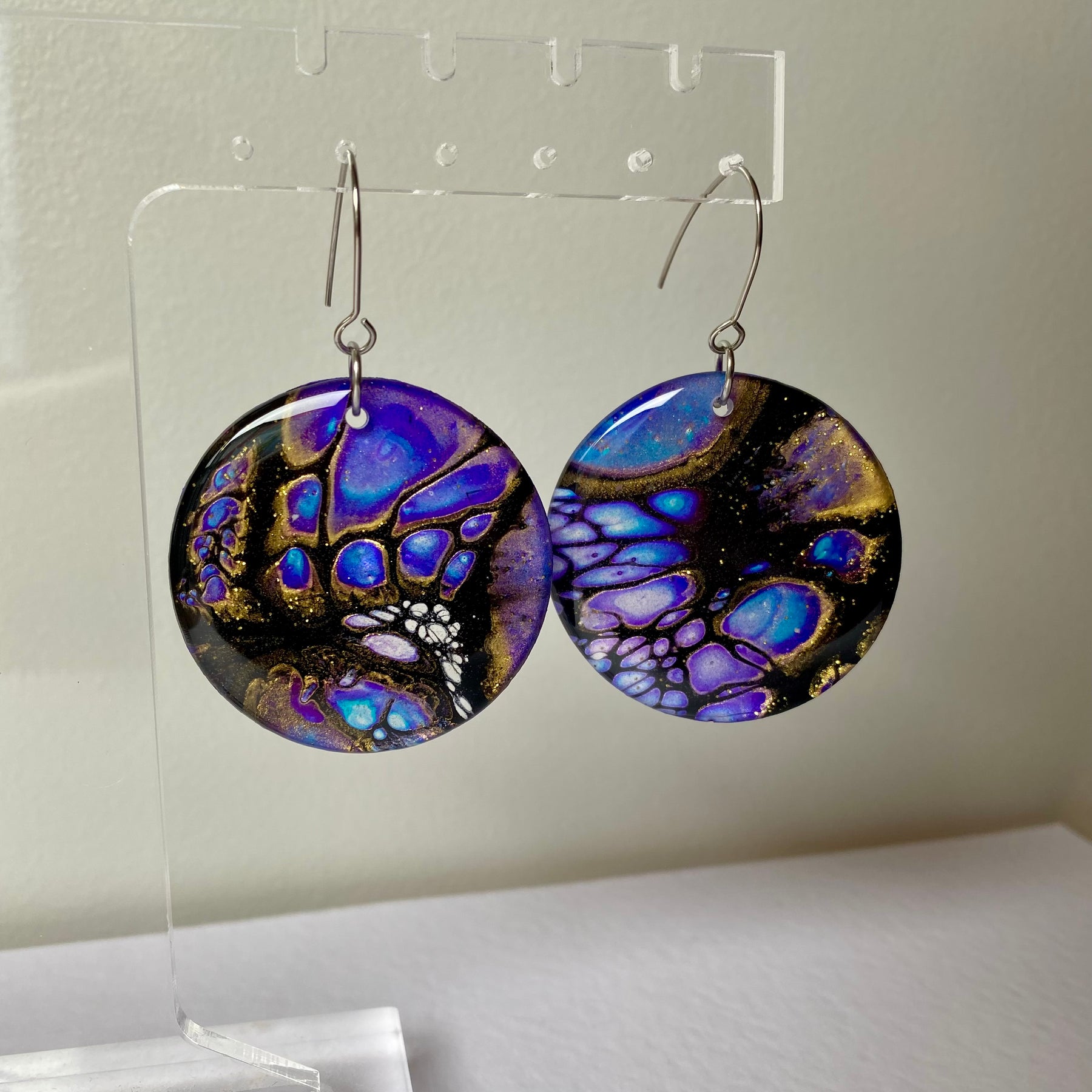 Blue Purple Gold Dangle Earrings