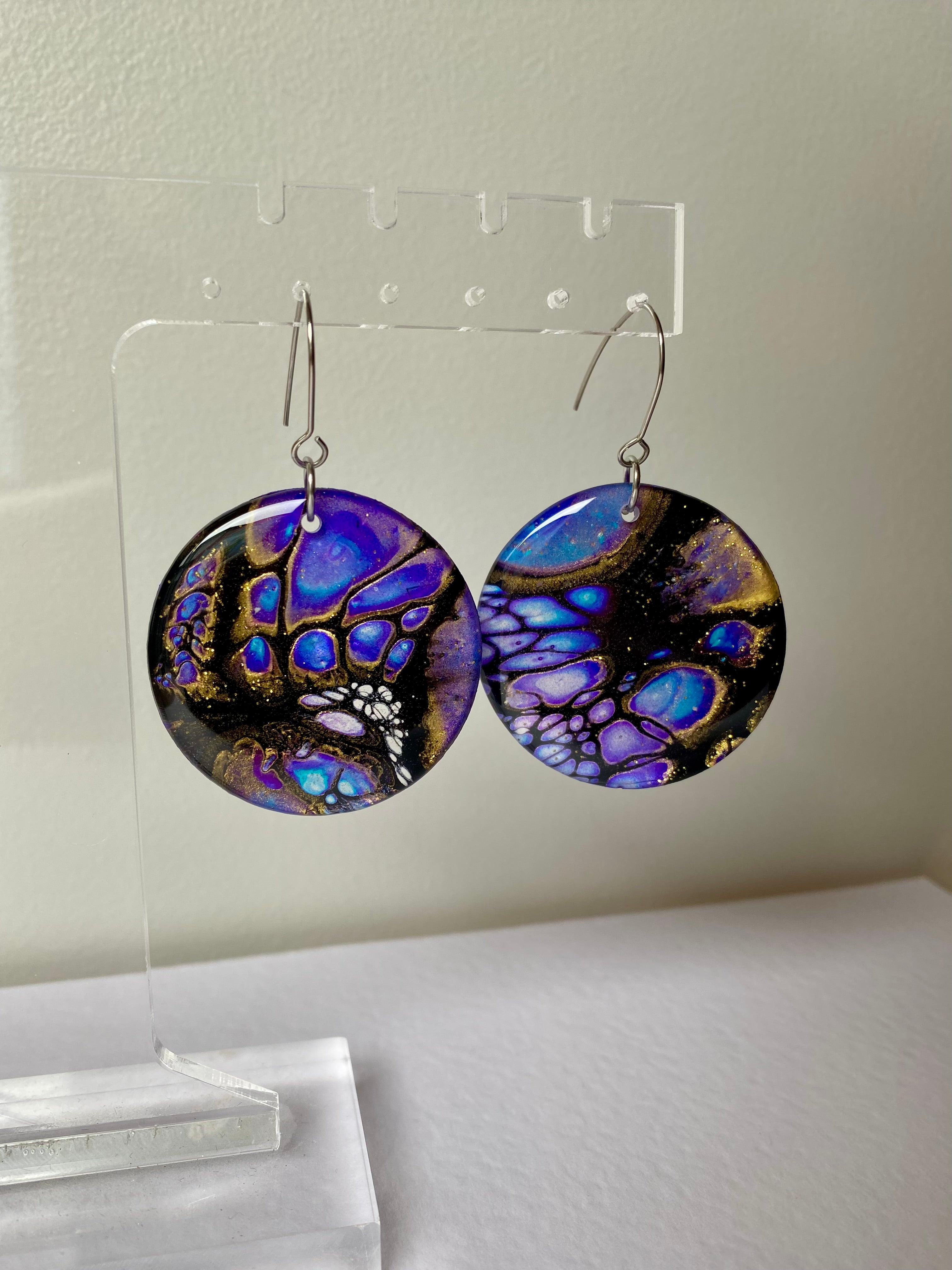 Blue Purple Gold Dangle Earrings