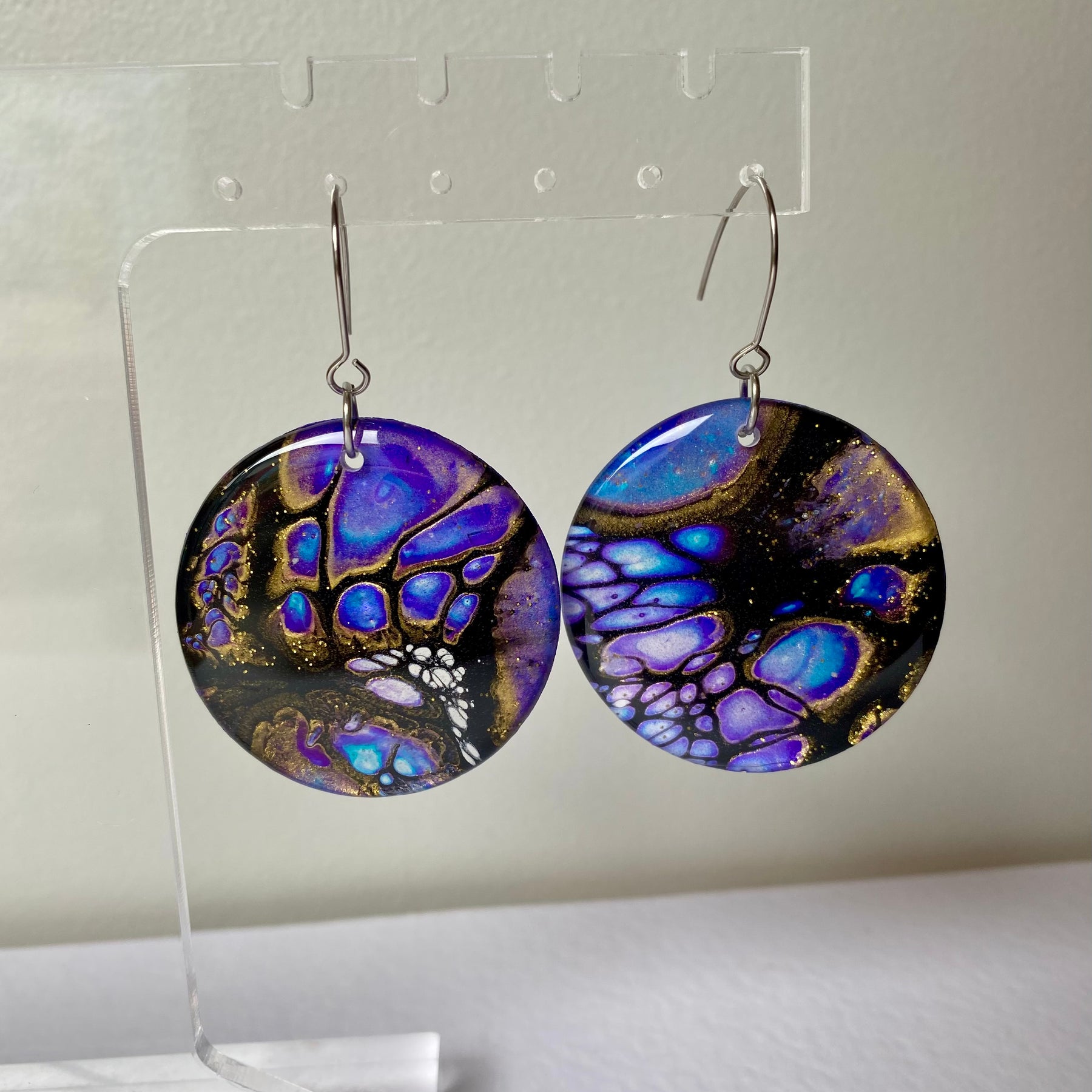 Blue Purple Gold Dangle Earrings