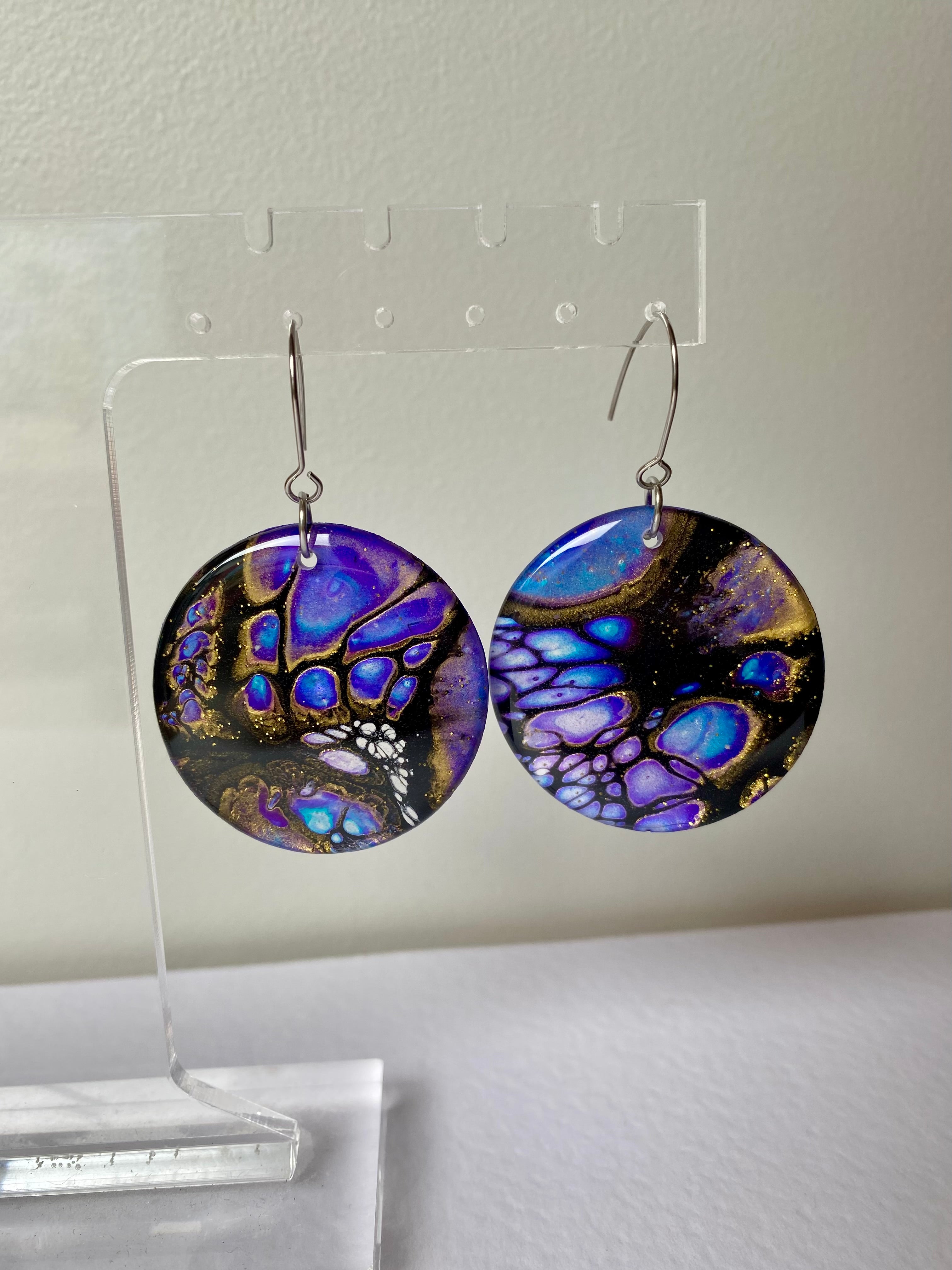 Blue Purple Gold Dangle Earrings