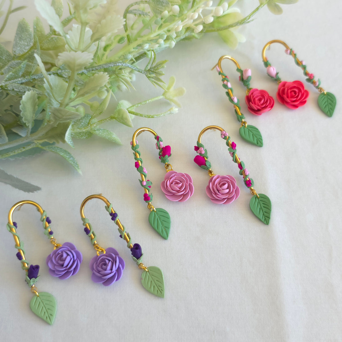 Handmade Polymer Clay Rose Earrings | Floral Vine Dangles | Lightweight Botanical Jewellery