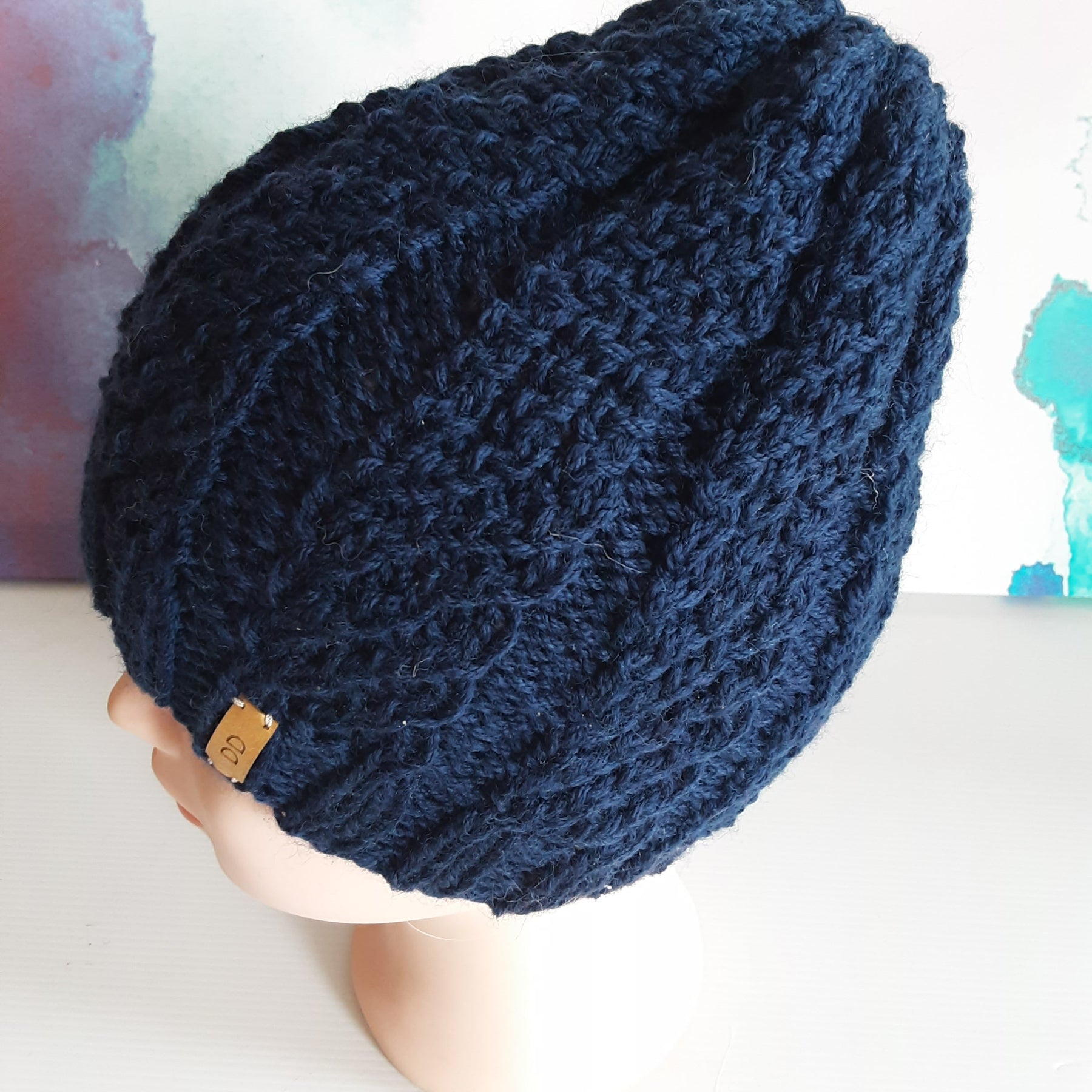 Hand knitted Blue pure wool beanie