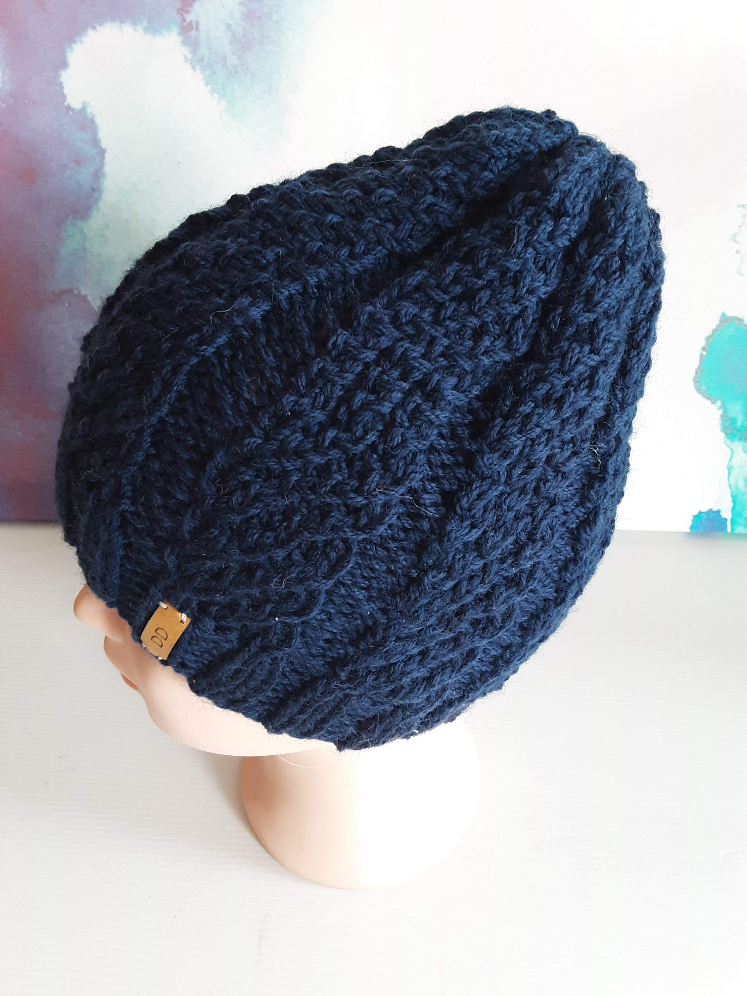 Hand knitted Blue pure wool beanie
