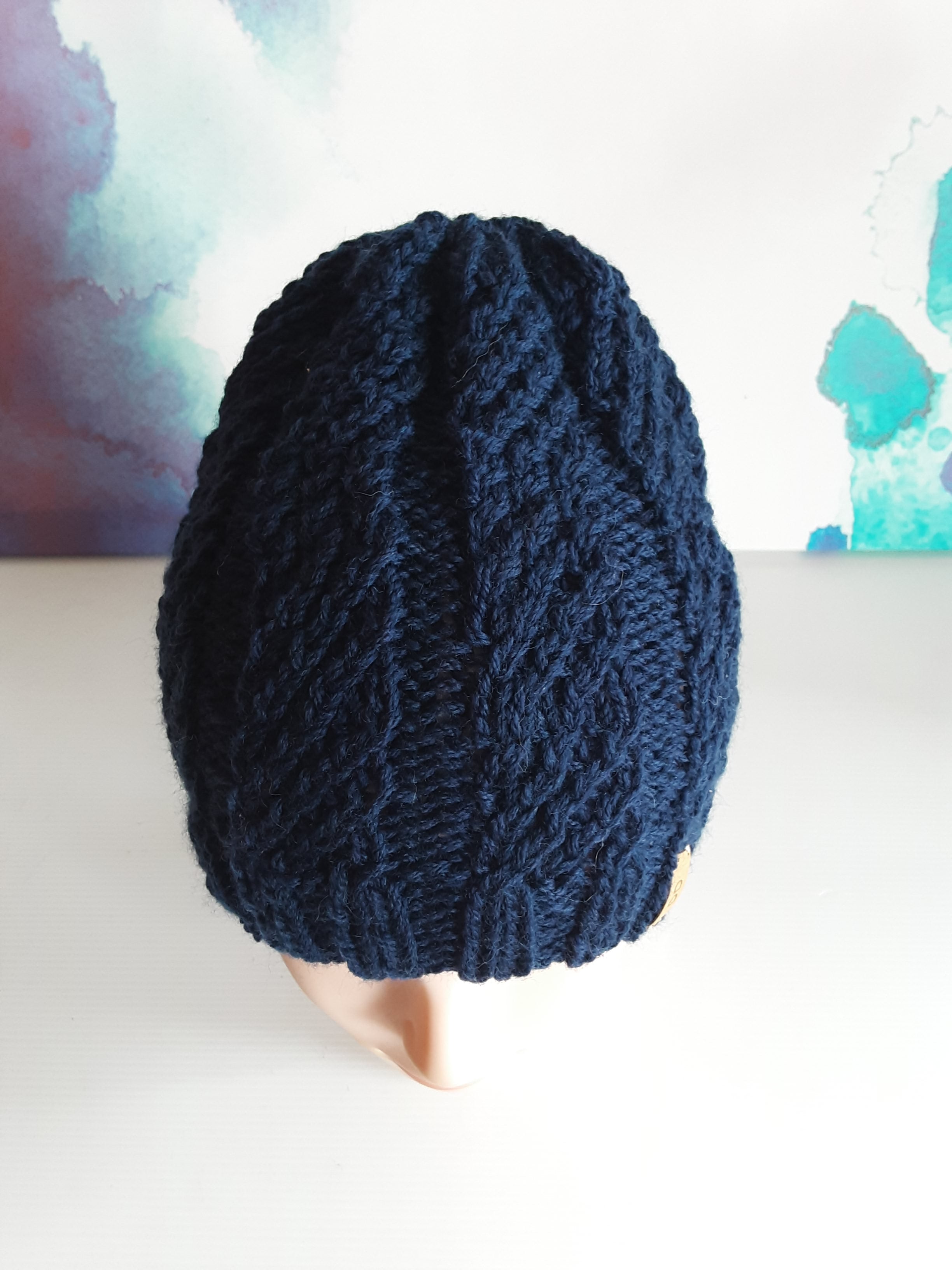 Hand knitted Blue pure wool beanie
