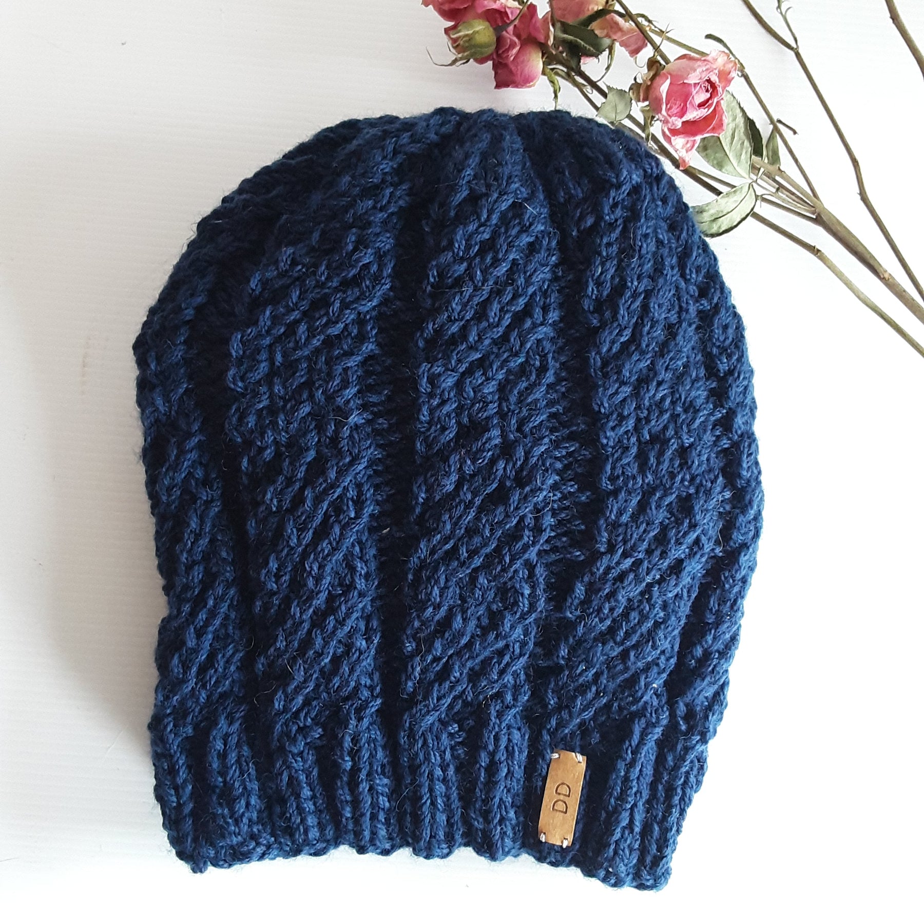 Hand knitted Blue pure wool beanie