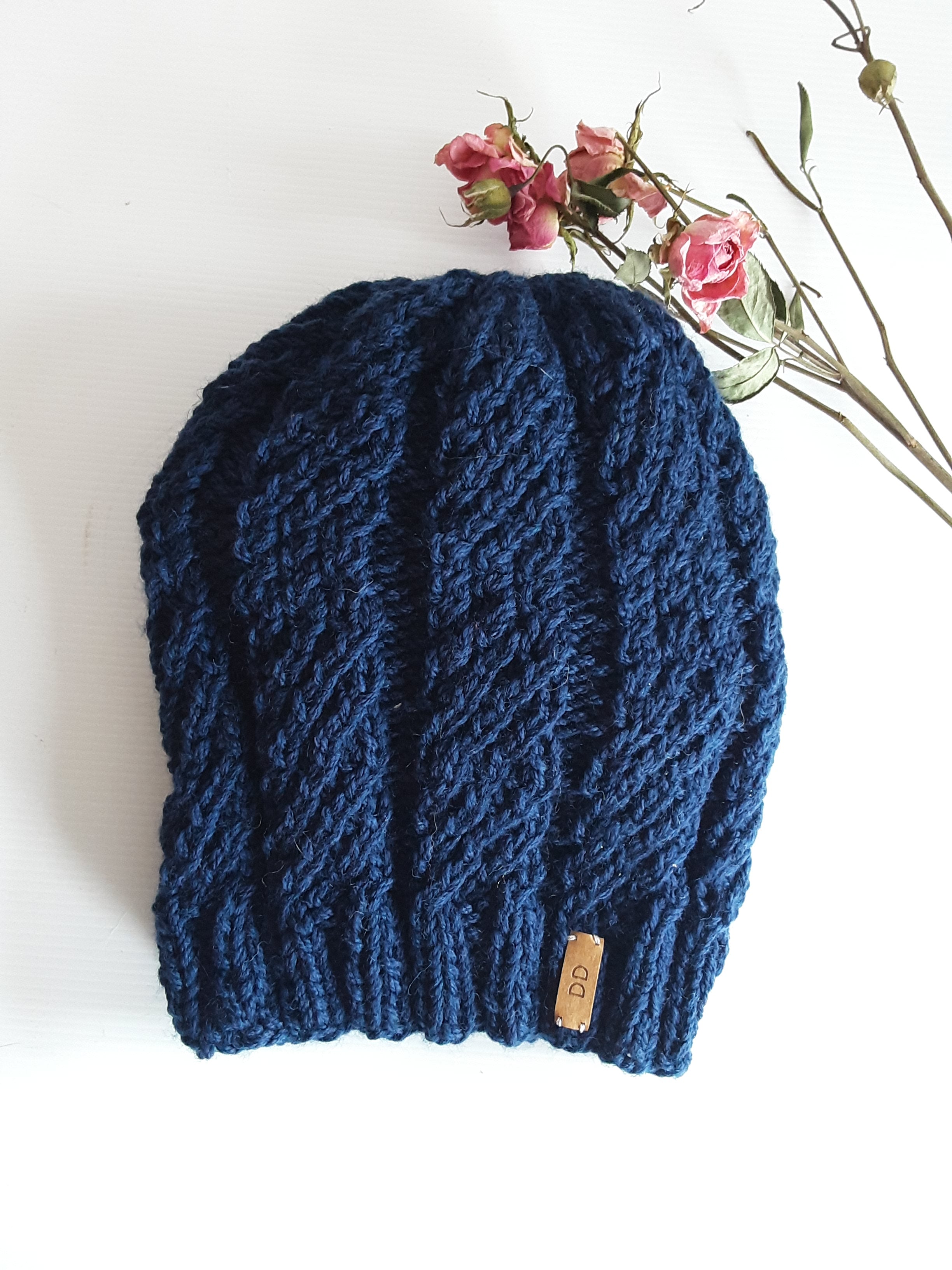 Hand knitted Blue pure wool beanie