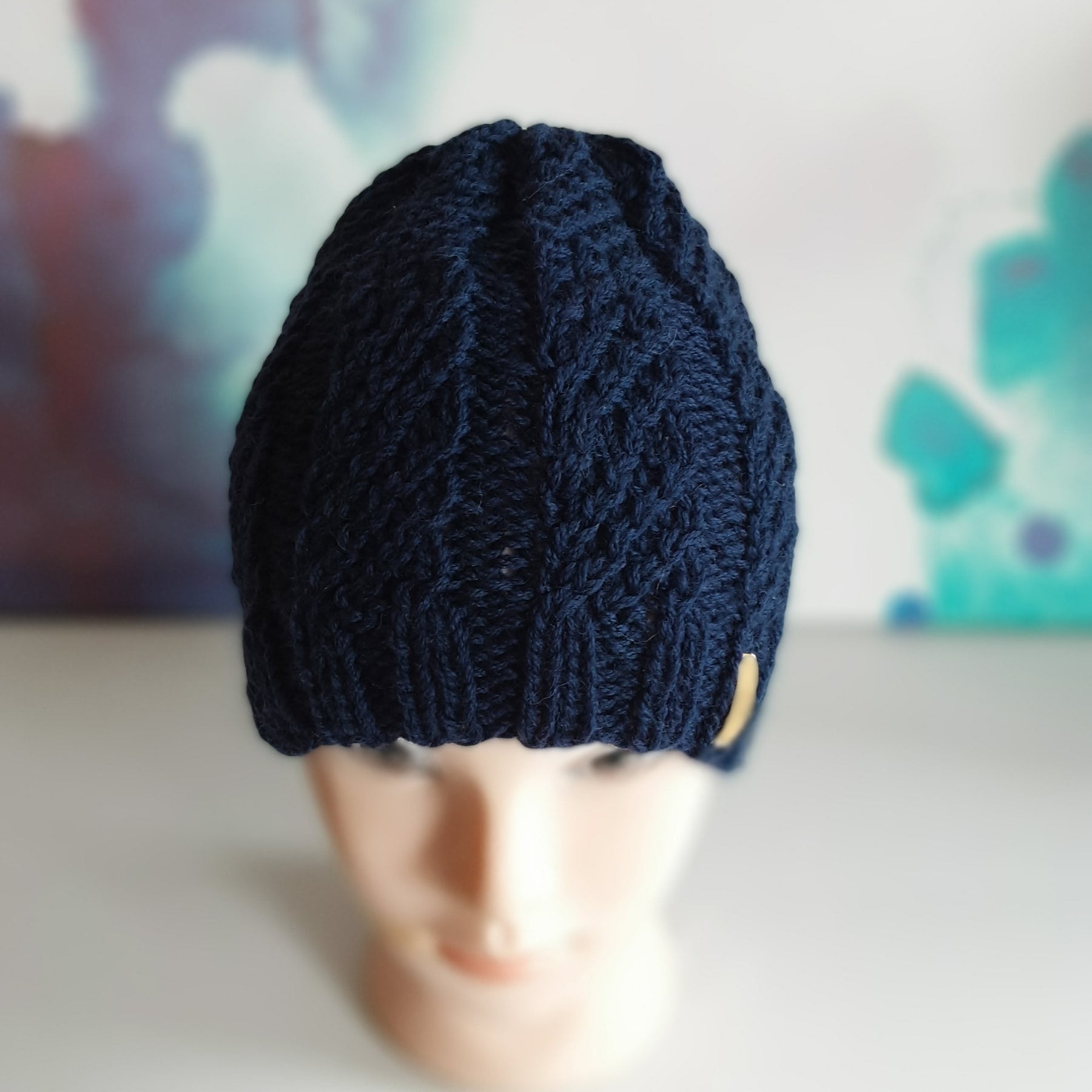 Hand knitted Blue pure wool beanie