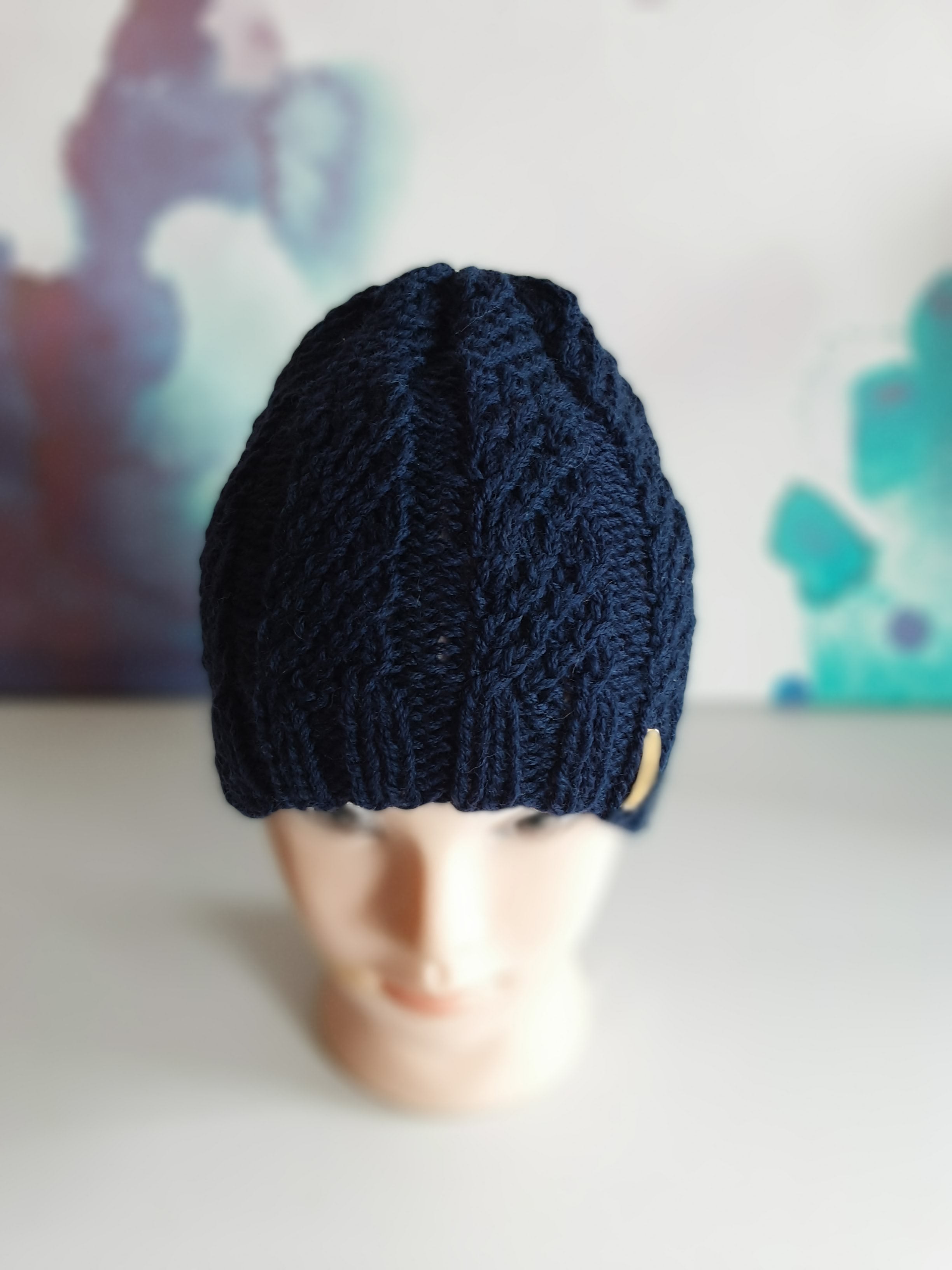 Hand knitted Blue pure wool beanie