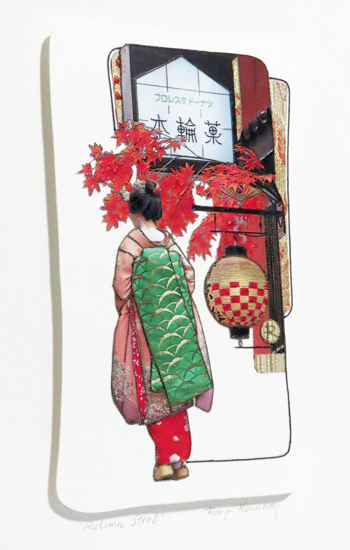 Unframed Collage Art - Japanese Geisha Autumn Leaves
