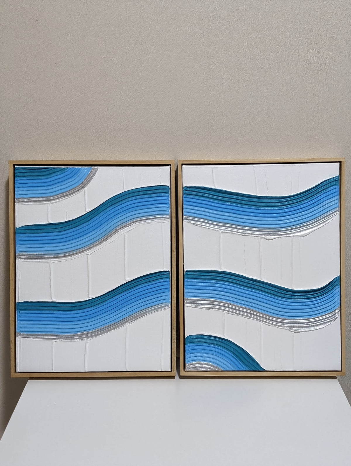 Unified Flow: Handmade Textured Blue Wave Wall Art Set of 2 Original Canvas 30cm x 40cm
