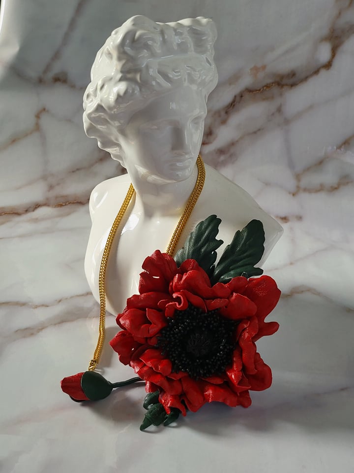 Leather Poppy "Red Ember", Flower Brooch, Pin, Hair Hat Clip