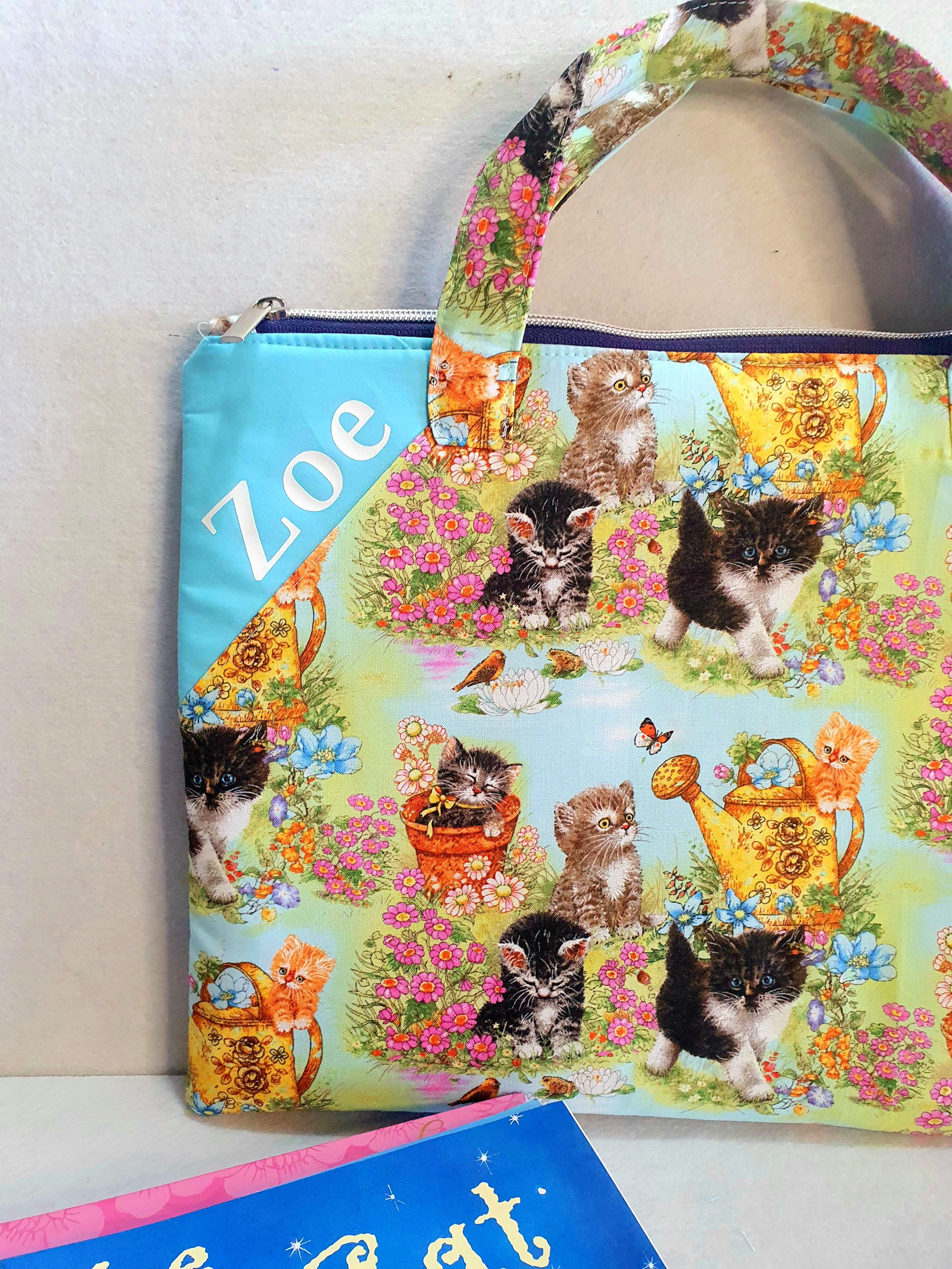 Personalized kittens inspired library and laptop bag with a glow-in-the-dark name