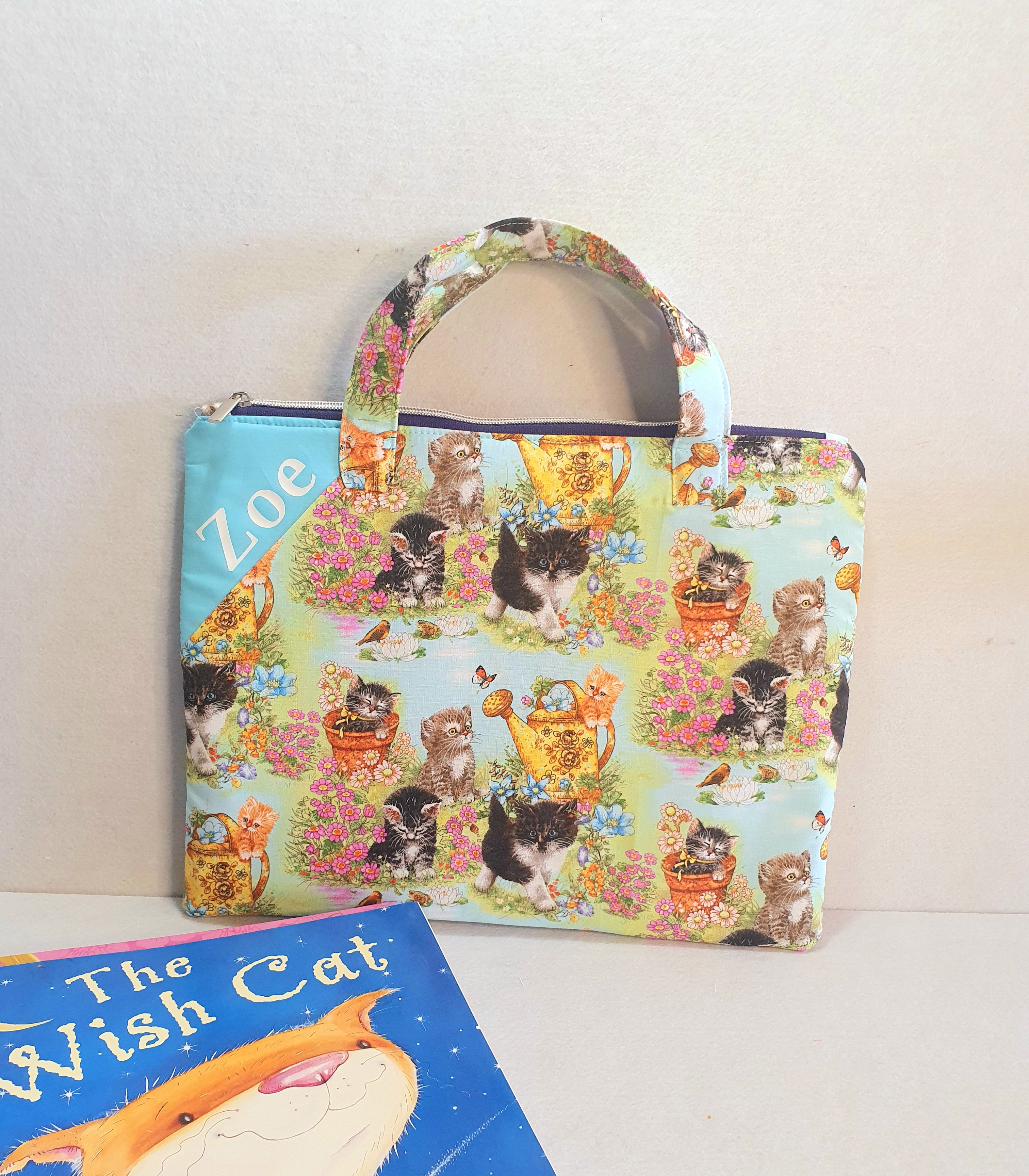 Personalized kittens inspired library and laptop bag with a glow-in-the-dark name