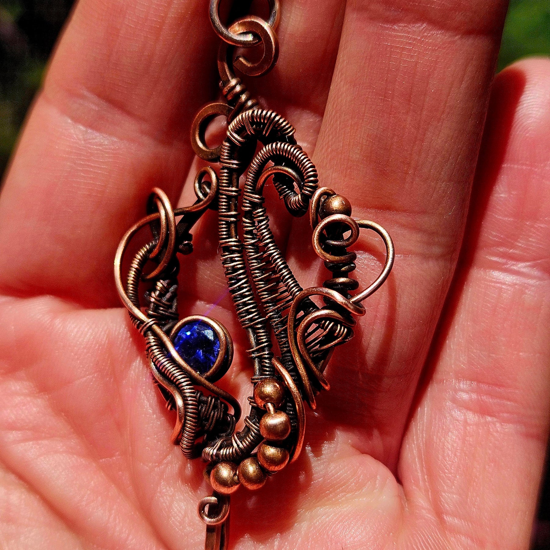 Copper Wire-Wrapped Sapphire CZ Pendant on Adjustable Leather Cord