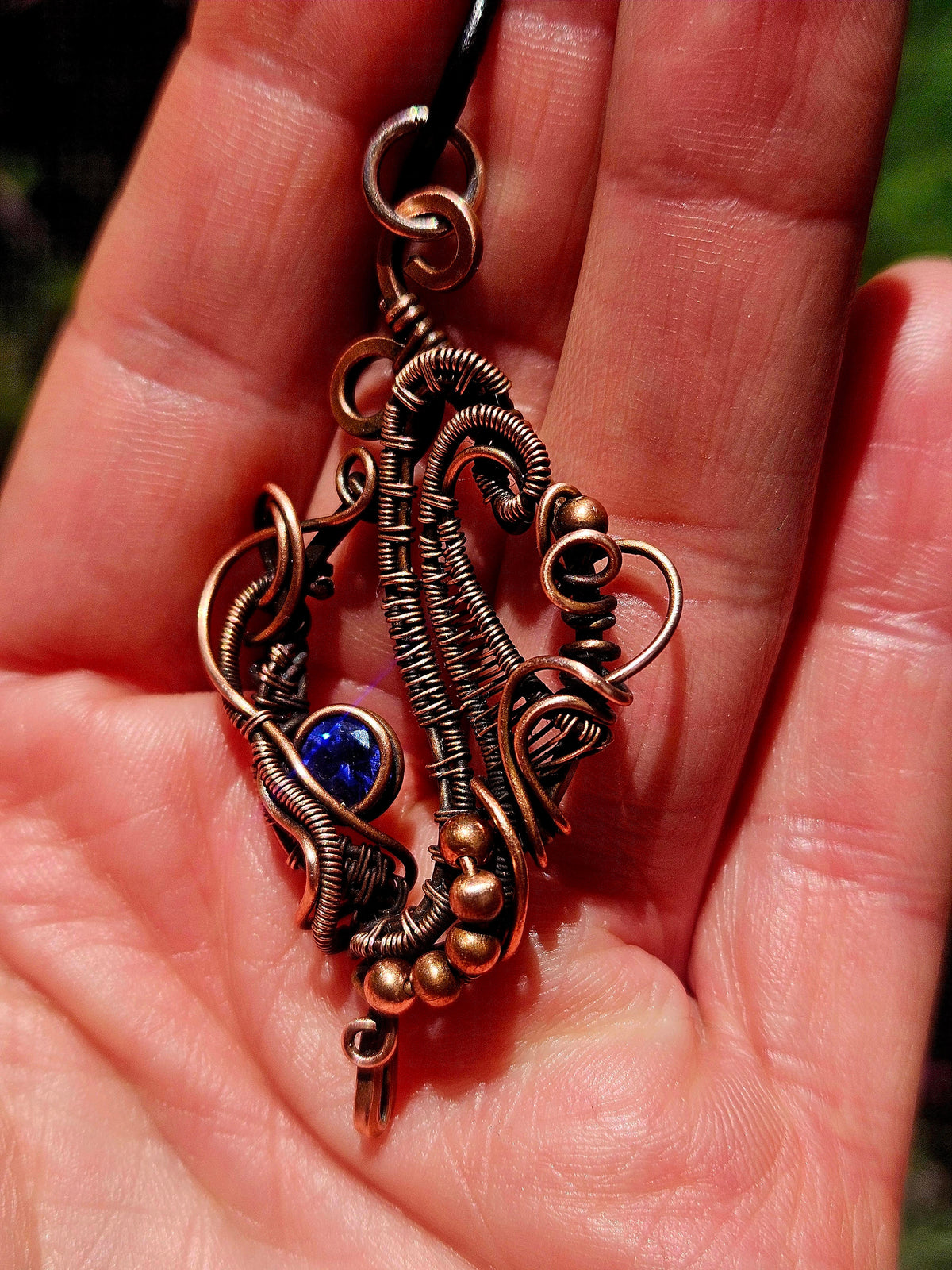 Copper Wire-Wrapped Sapphire CZ Pendant on Adjustable Leather Cord