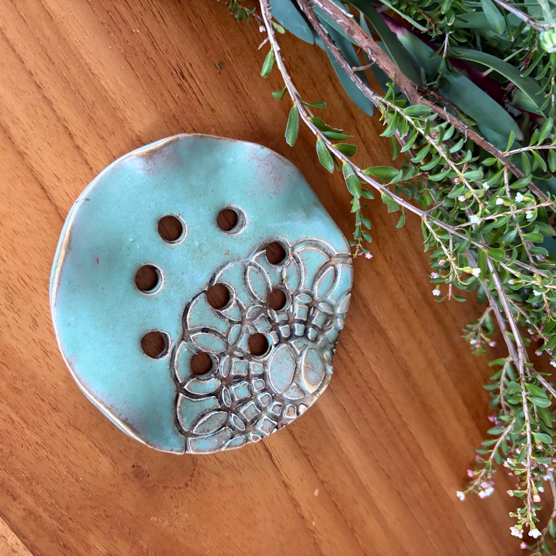 Pottery Flower Frog - Turquoise