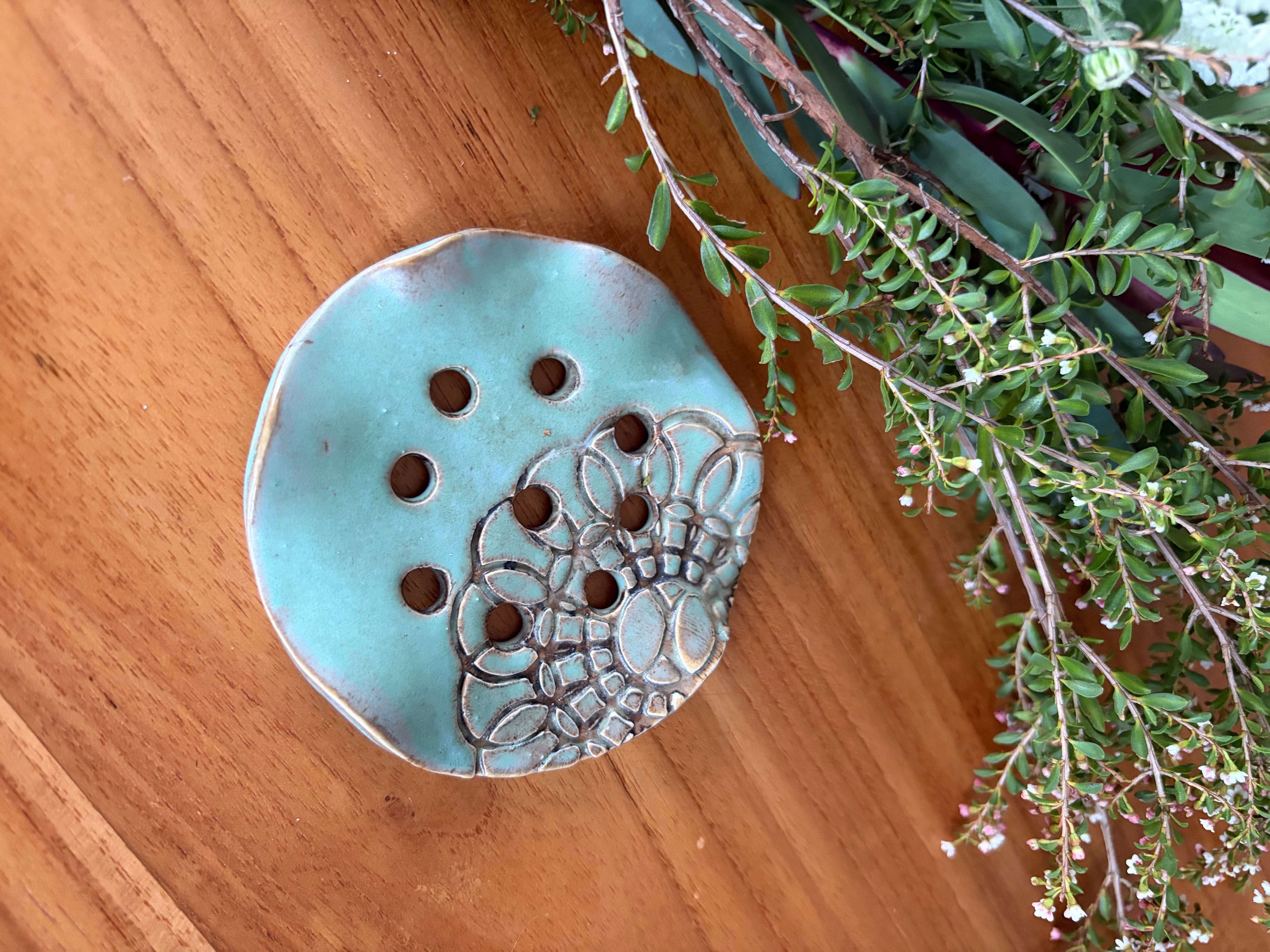 Pottery Flower Frog - Turquoise