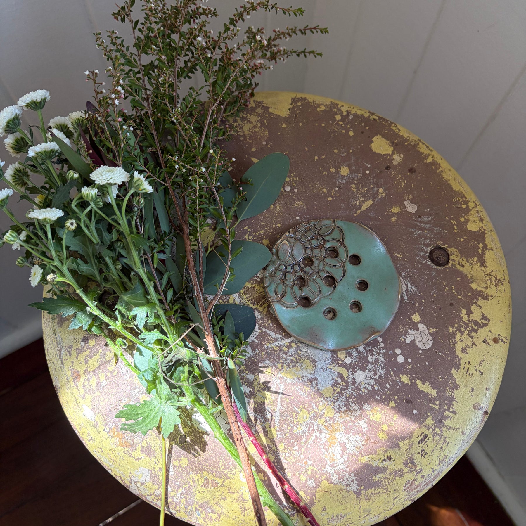 Pottery Flower Frog - Turquoise