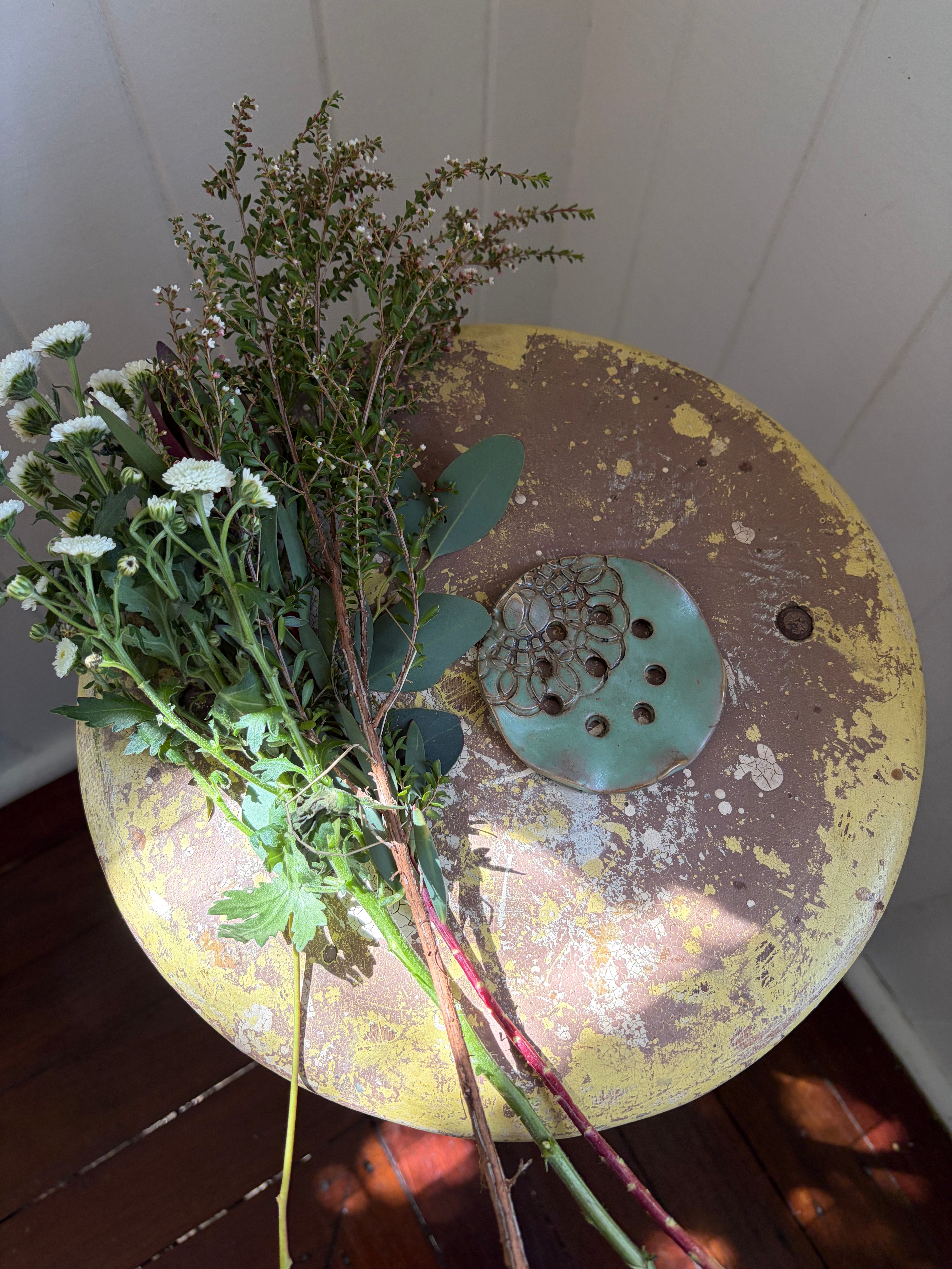 Pottery Flower Frog - Turquoise